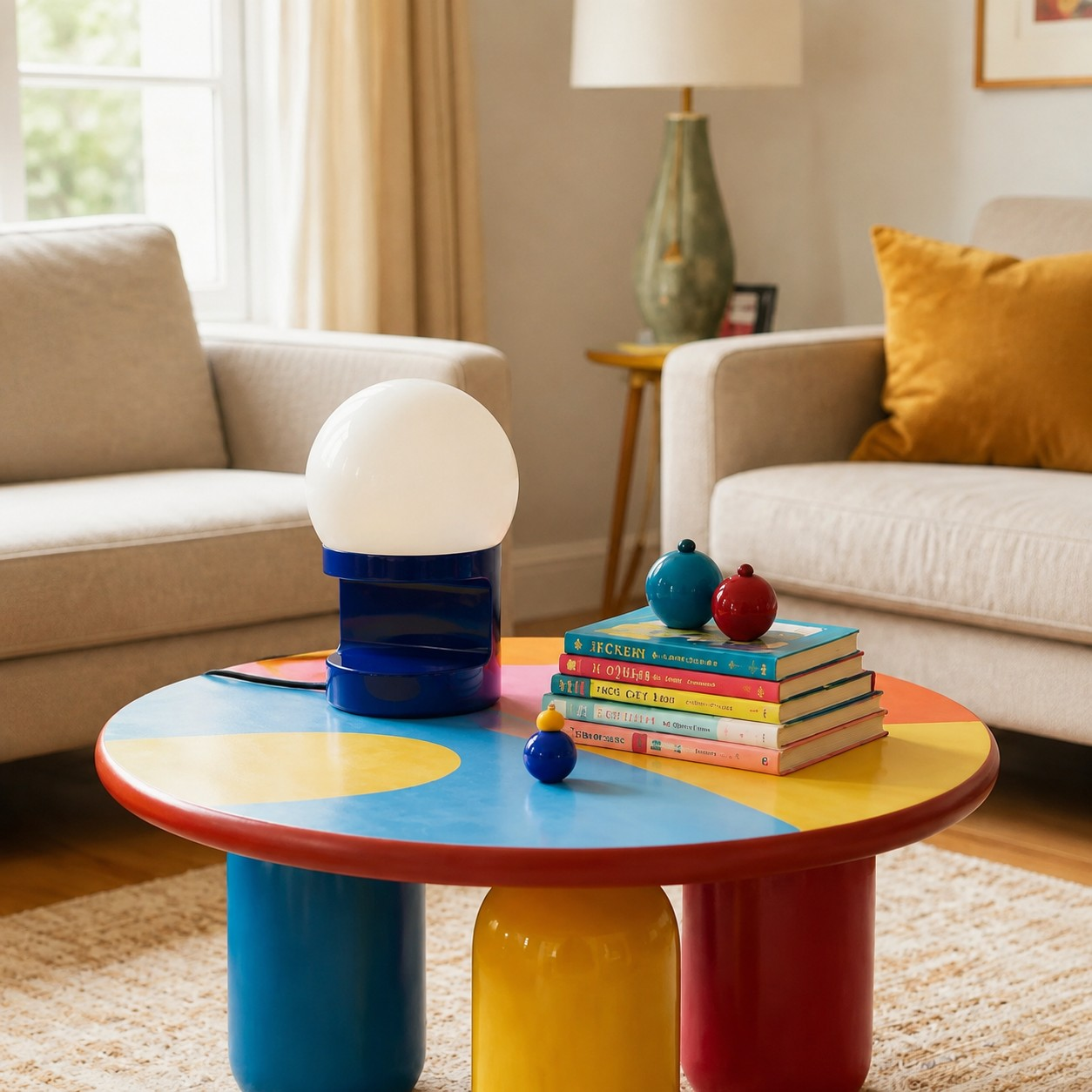 Robot Blue HABEA table lamp on a colorful coffee table
