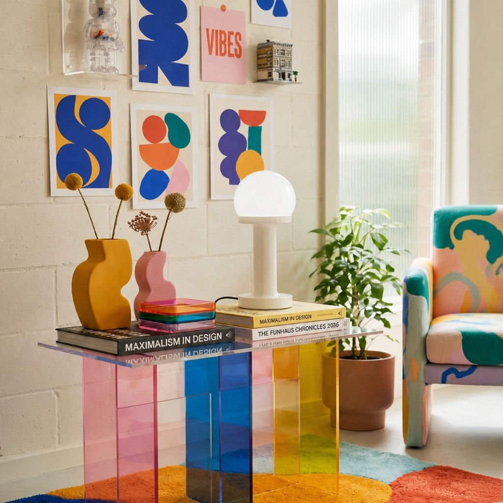 Cream globe table lamp on a colorful acrylic table