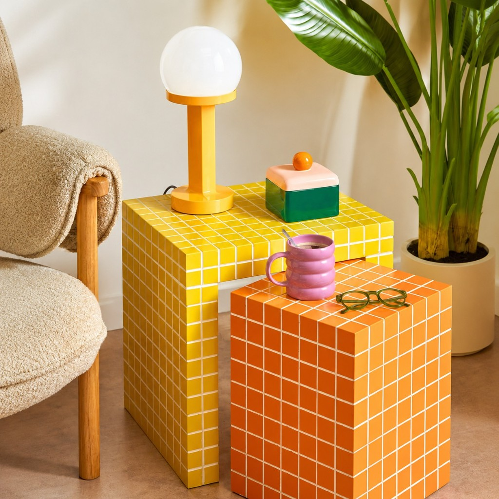 Yellow globe table lamp on tiled yellow and orange tables