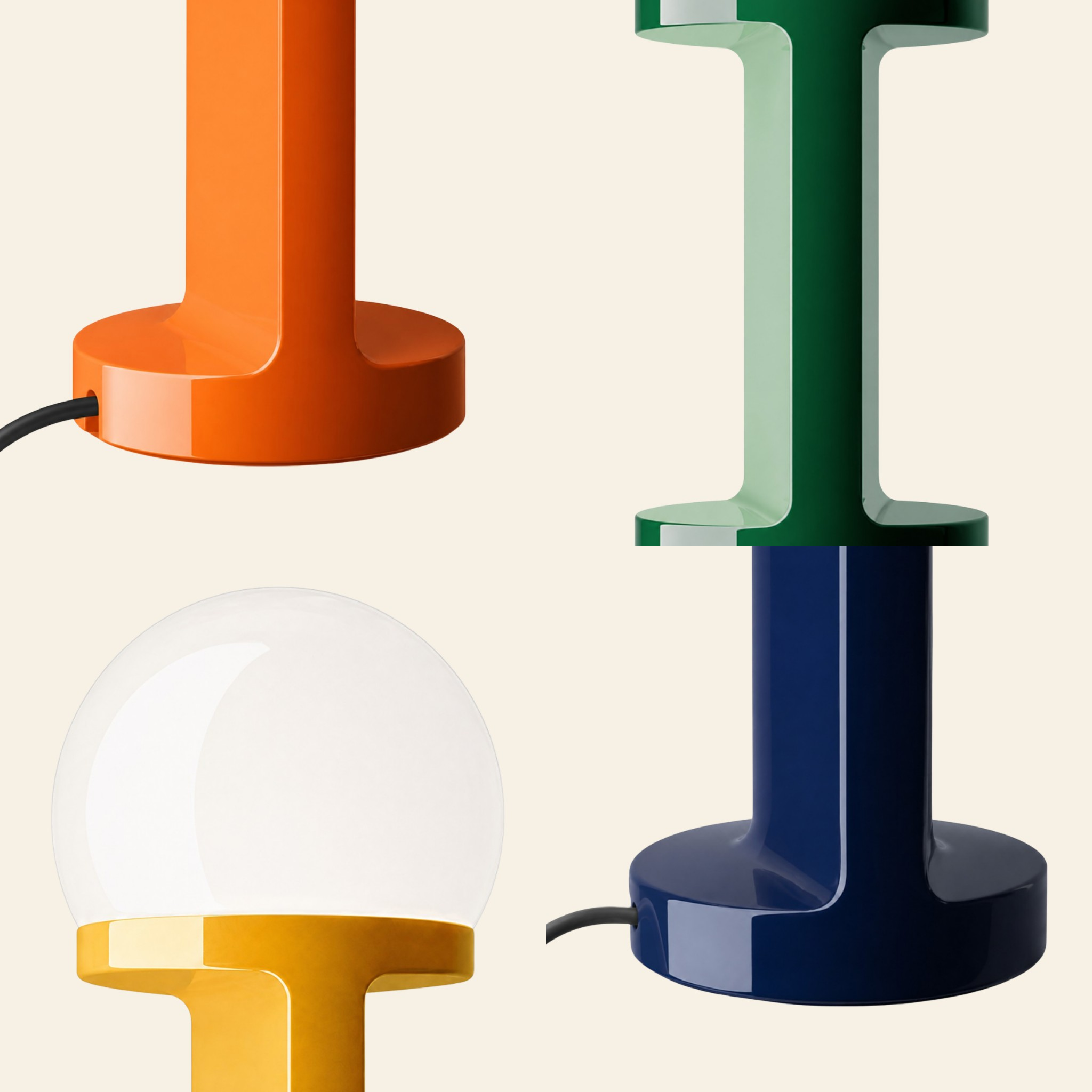 Four close details of HABEA ceramic bases, column and opal globe