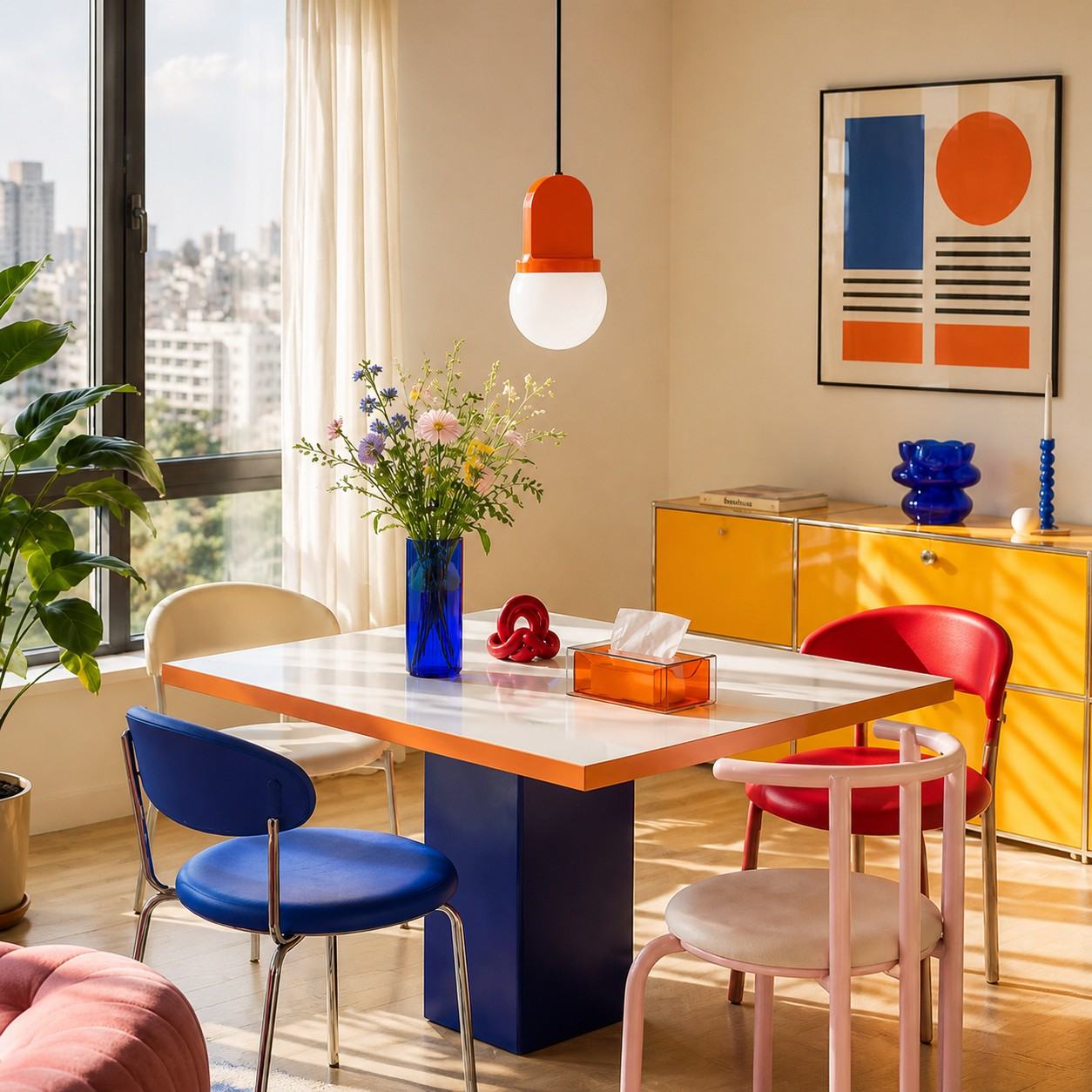 Ceramic and blown glass pendant lamp above a table