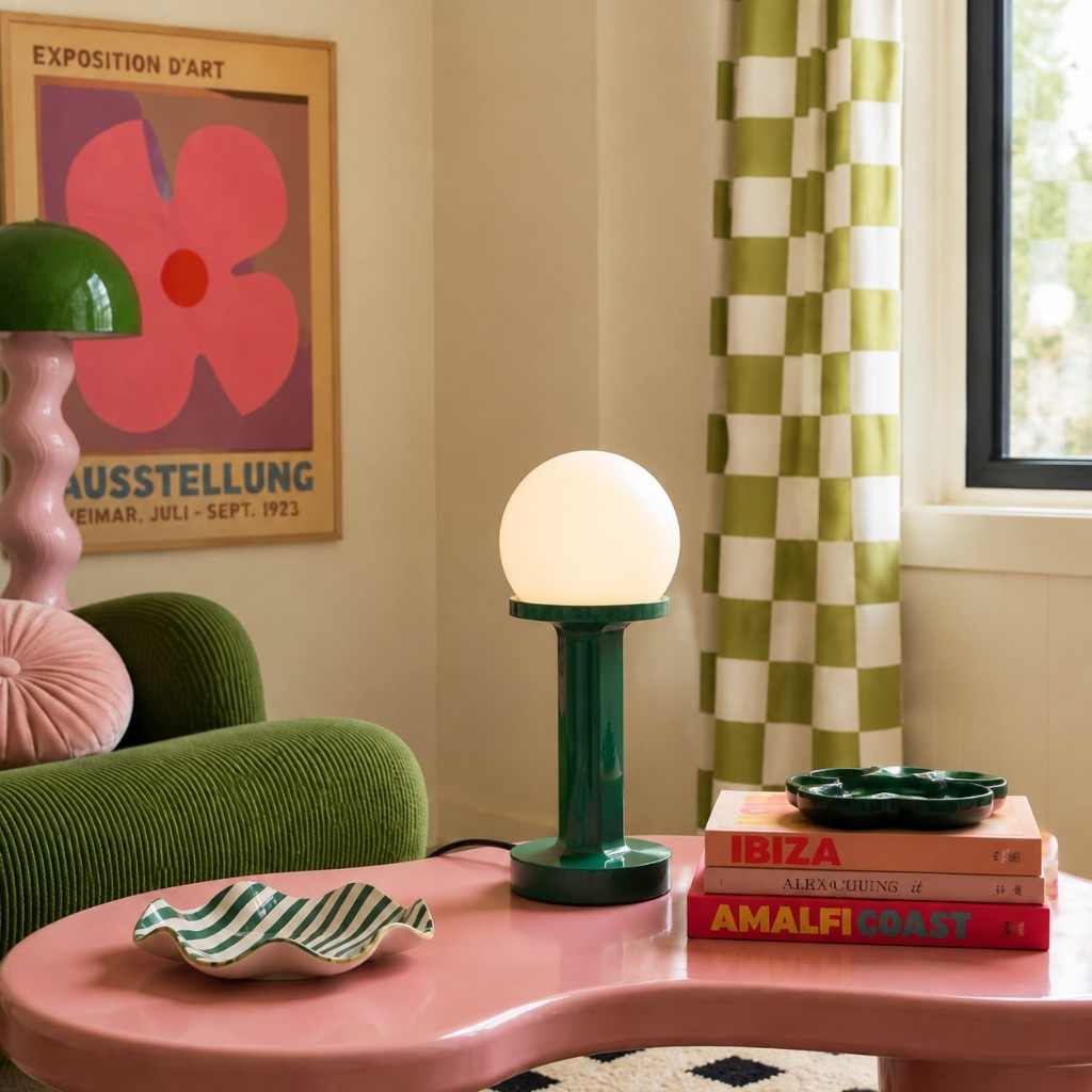 Green globe table lamp on a pink coffee table