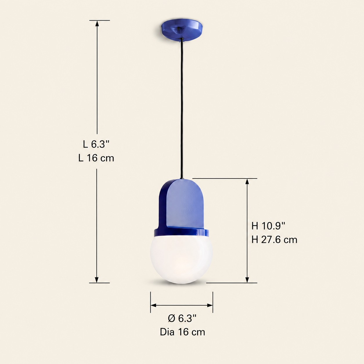 Pendant lamp dimensions: length 16 cm, height 27.6 cm and diameter 16 cm