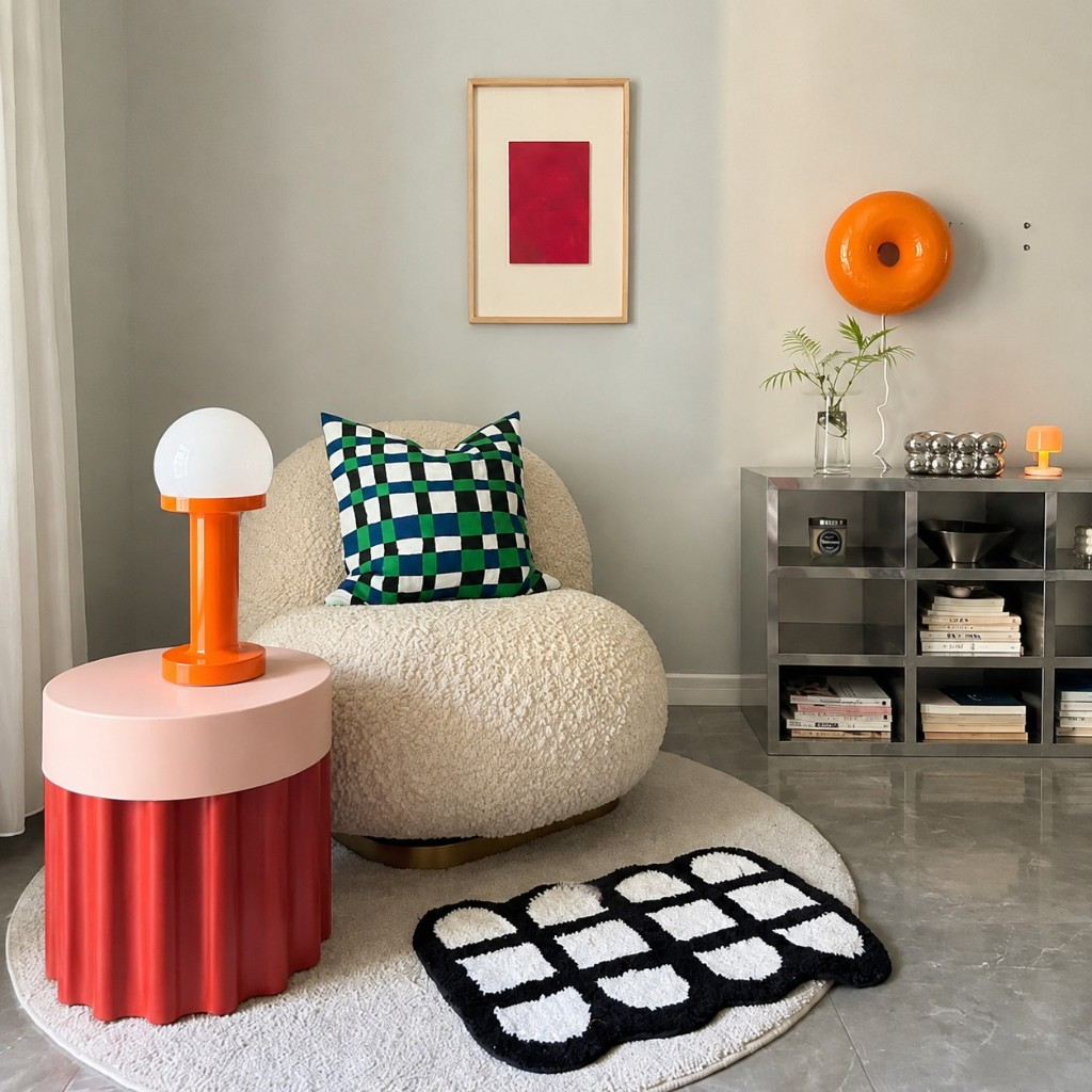 Orange globe table lamp beside a boucle armchair