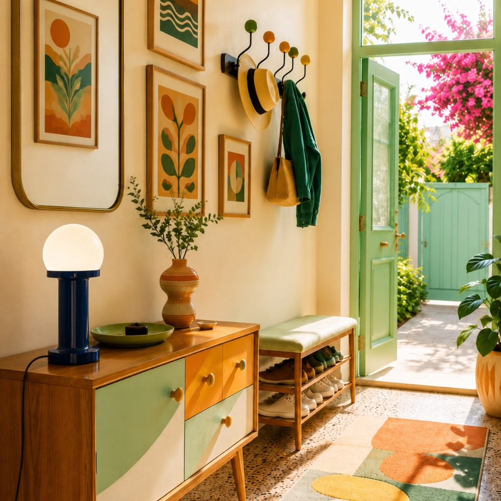 Blue globe table lamp on a colorful hallway sideboard