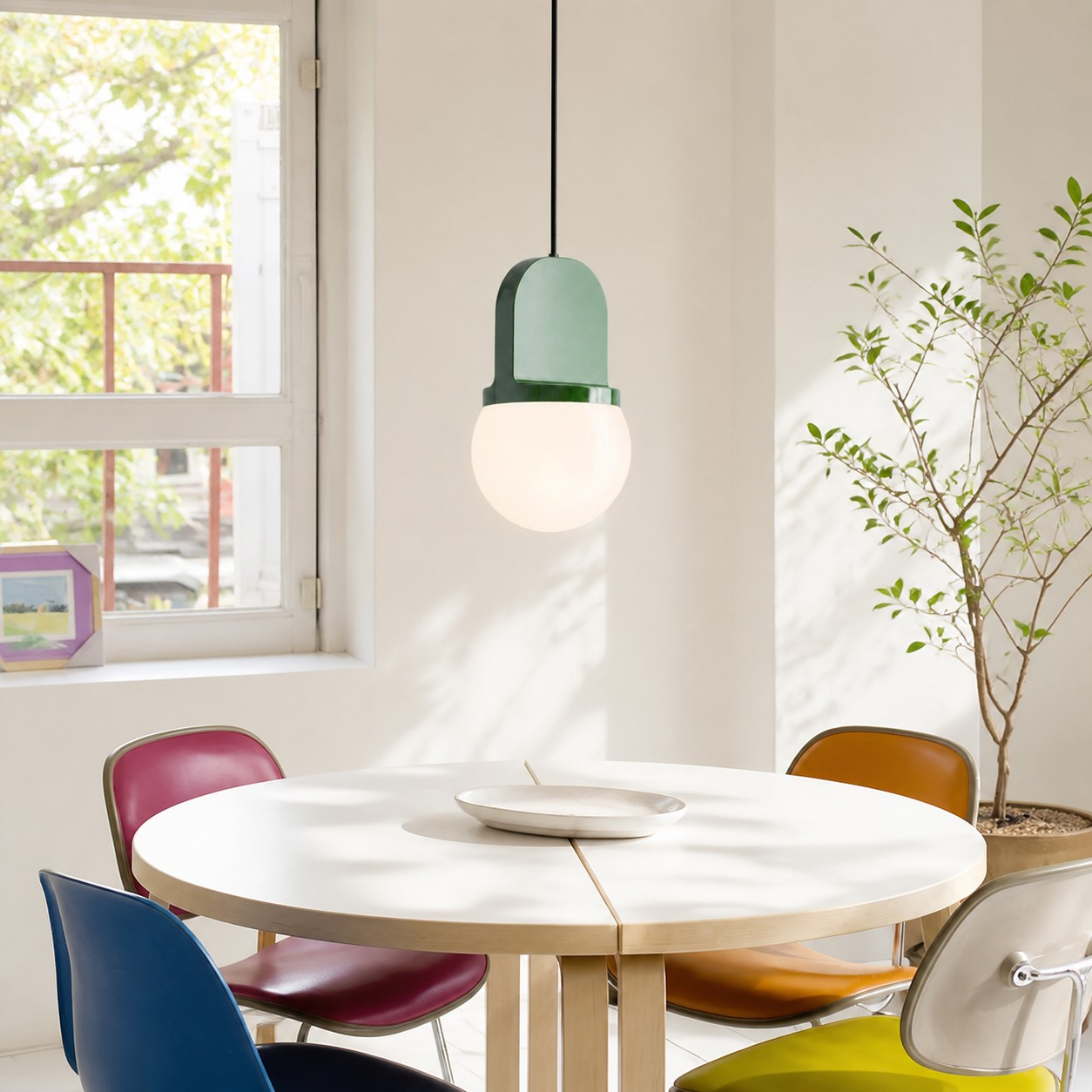 Colorful sculptural pendant lamp in a living space