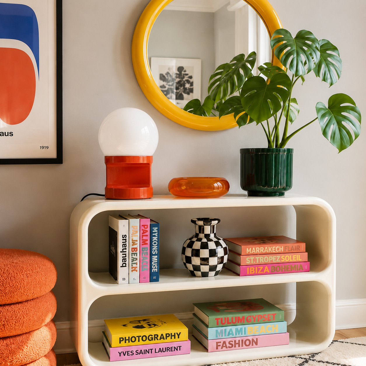 Fox Orange HABEA table lamp on a white shelving unit