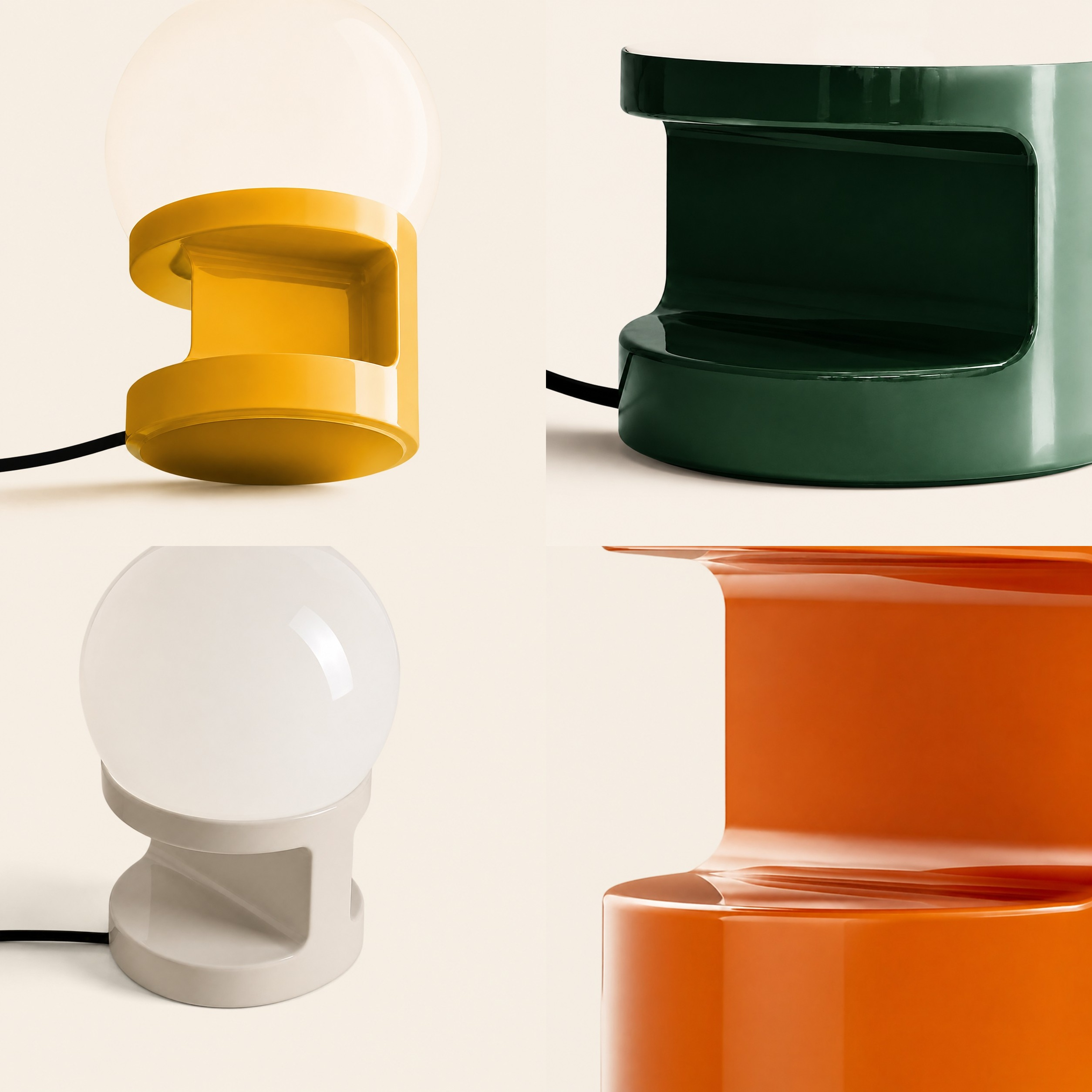 Four complete close details of HABEA ceramic bases and satin glass globe