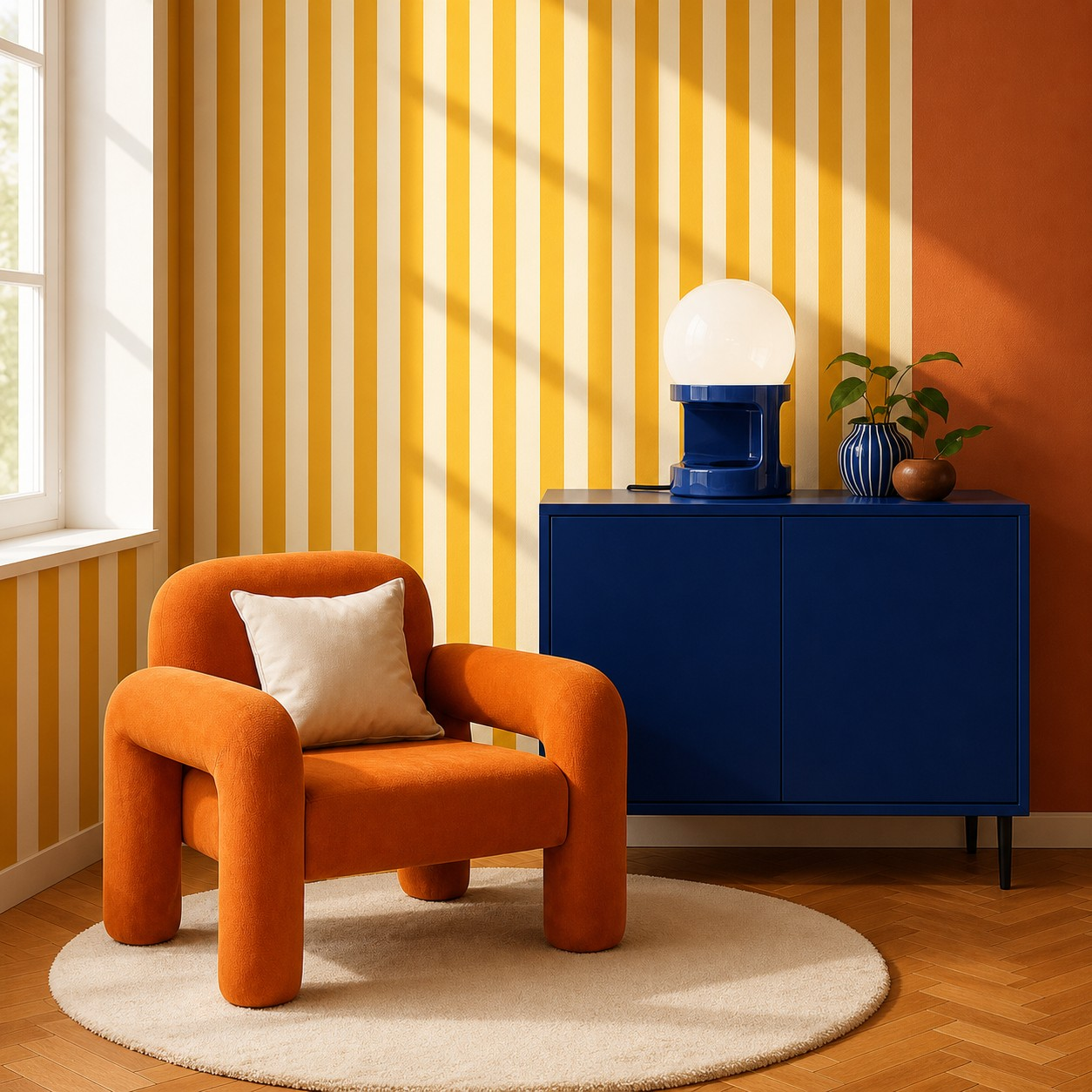 Robot Blue HABEA table lamp on a blue cabinet