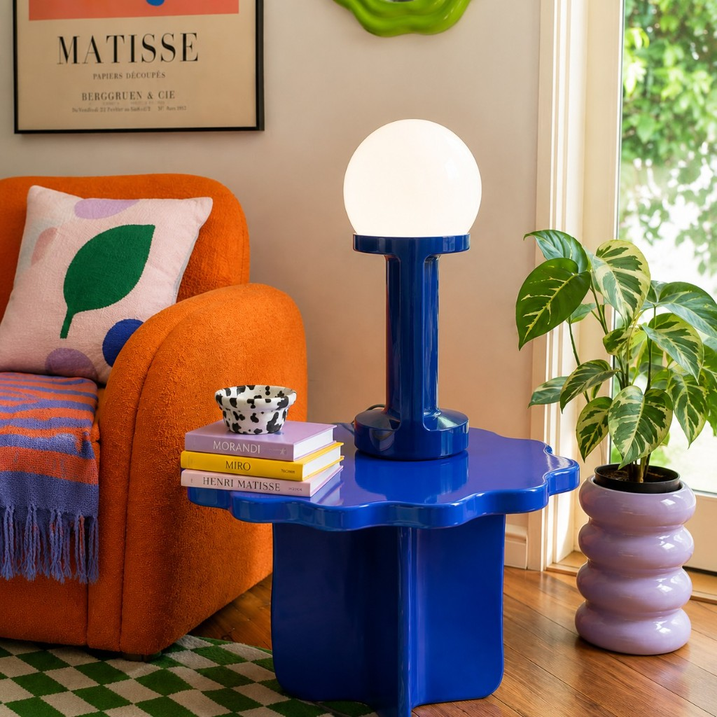 Blue globe table lamp on a scalloped blue side table