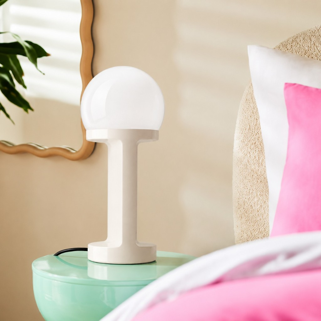 Cream globe table lamp on a mint bedside table