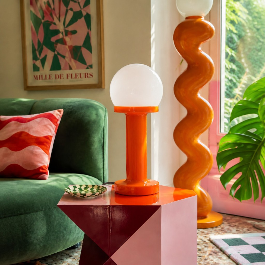Orange globe table lamp with a matching floor lamp