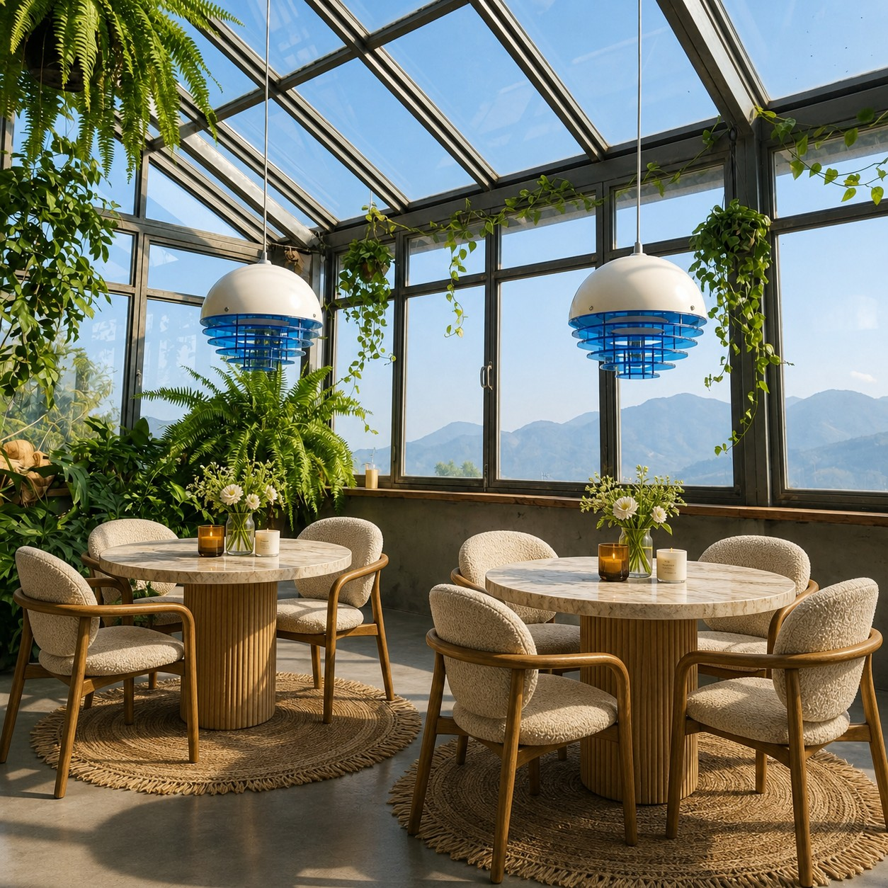 Klein Blue pendant lights in a bright greenhouse dining room