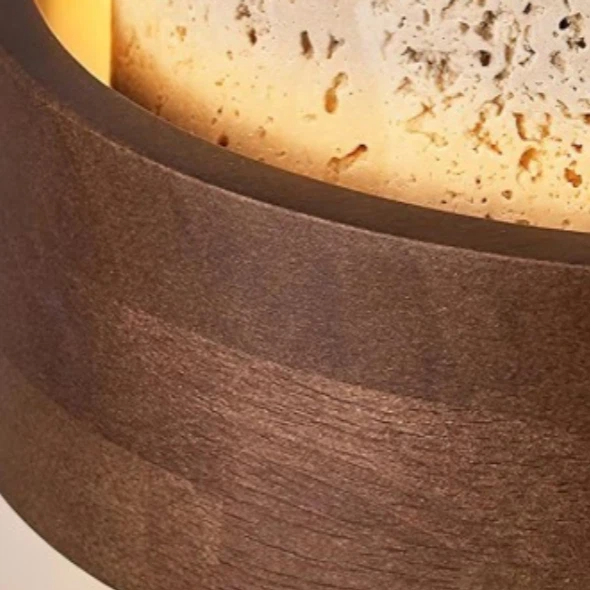 Close view of walnut wood and travertine materials