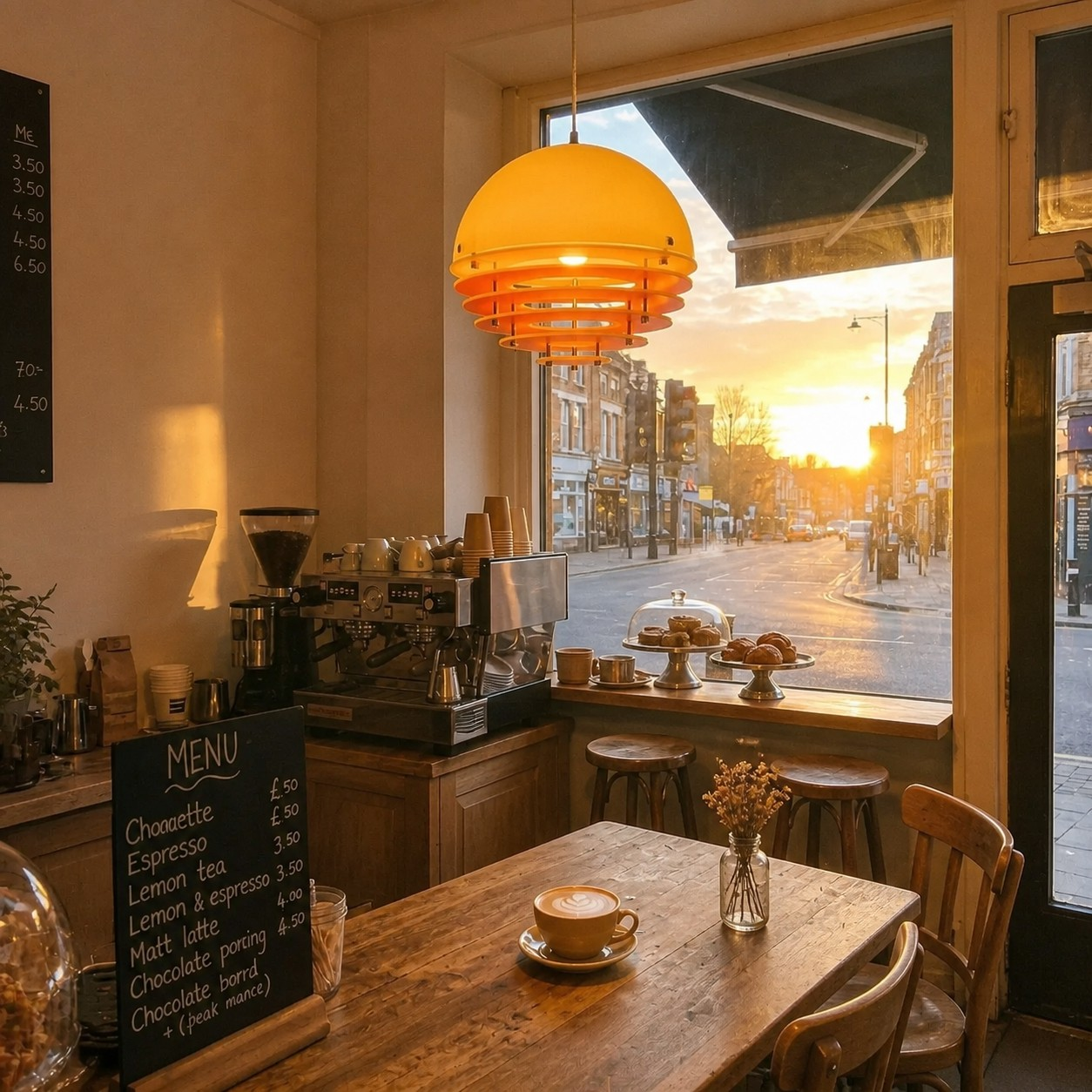 Orange and white sunset pendant in a cafe interior