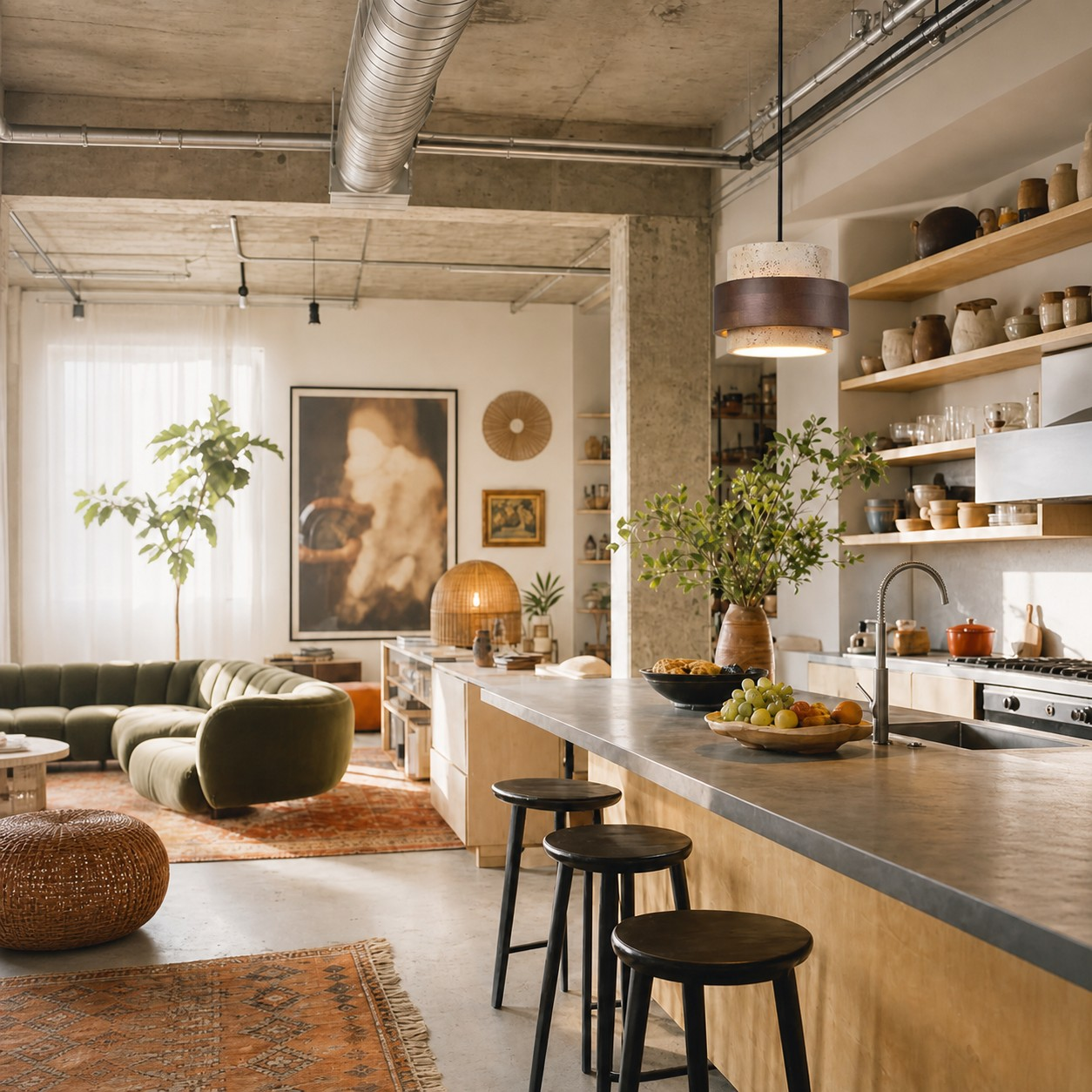Stonel pendant lamp above a warm kitchen island
