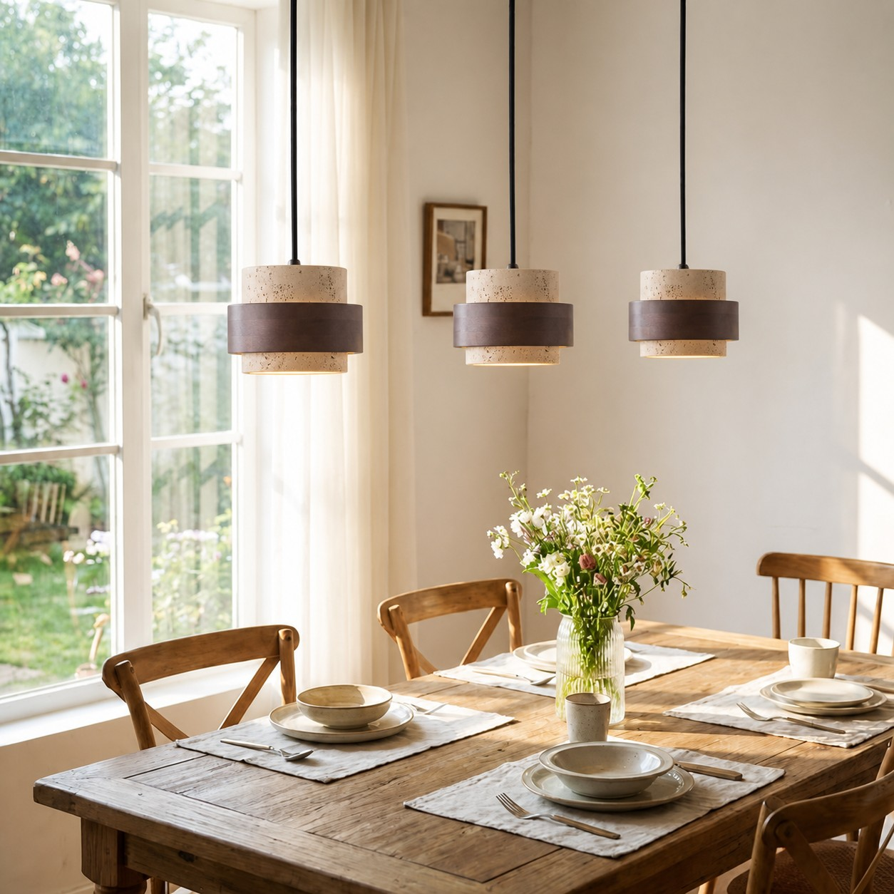 Three Stonel pendant lamps above a dining table