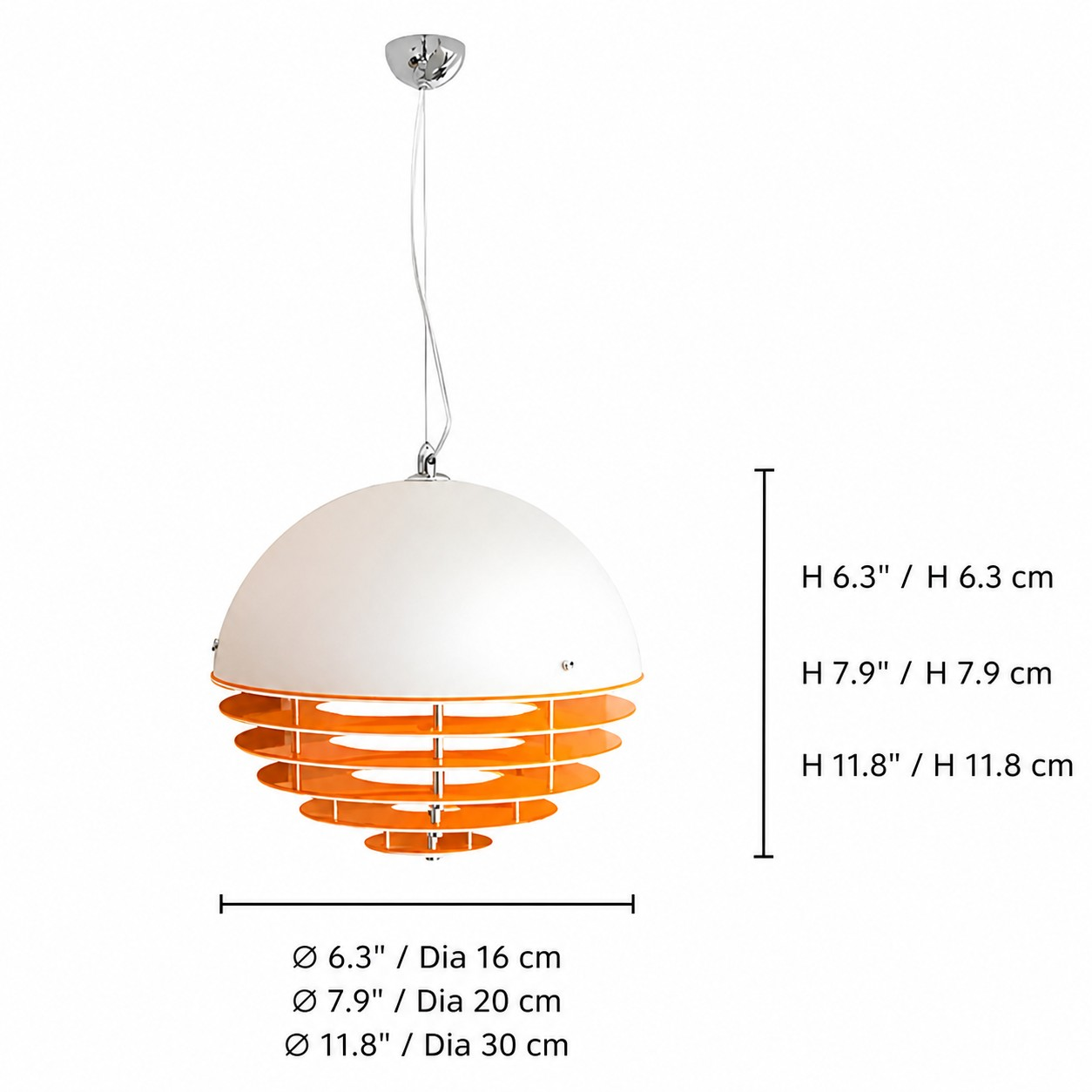 Sunset pendant dimensions for 16, 20, and 30 cm sizes