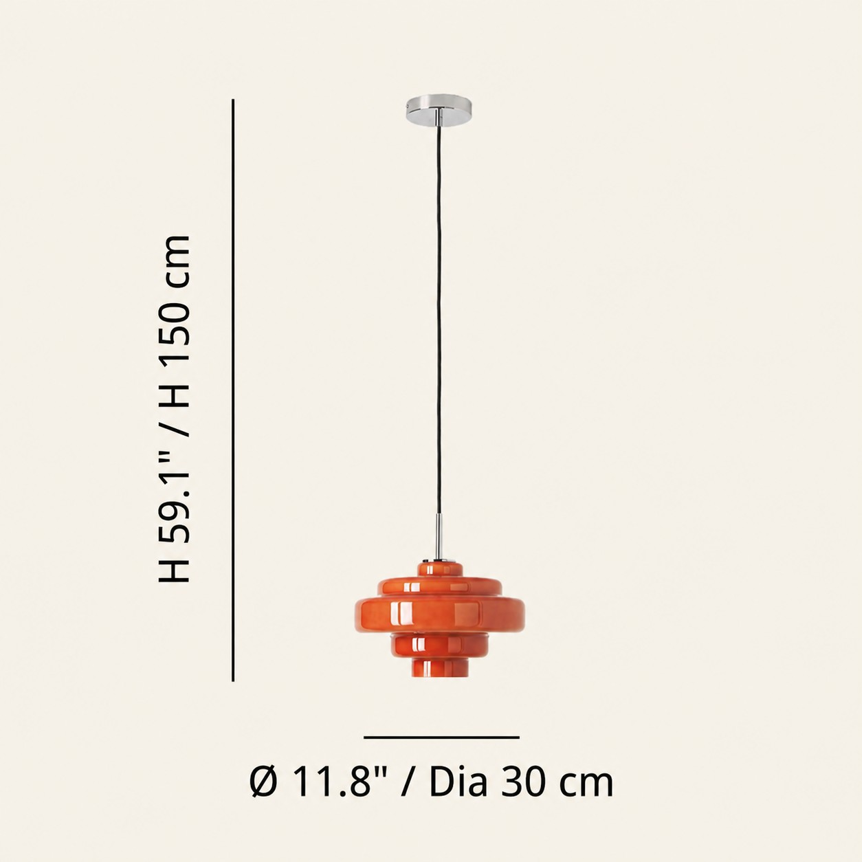 Koloro pendant dimensions: diameter 30 cm and height 150 cm