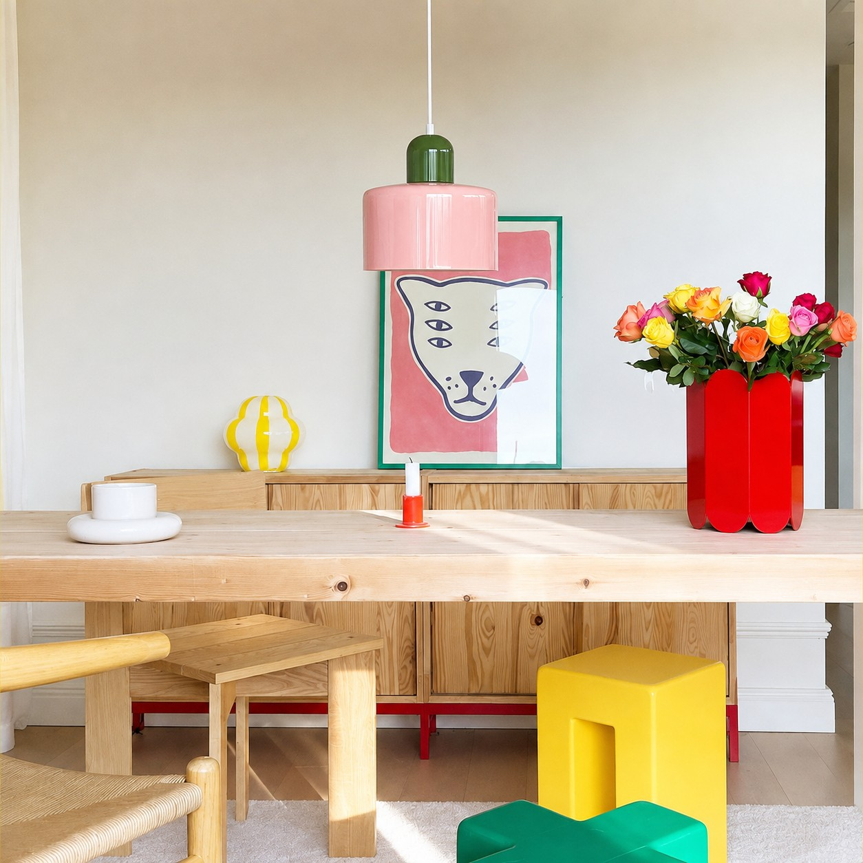 Pink and green glass pendant light above a wooden dining table