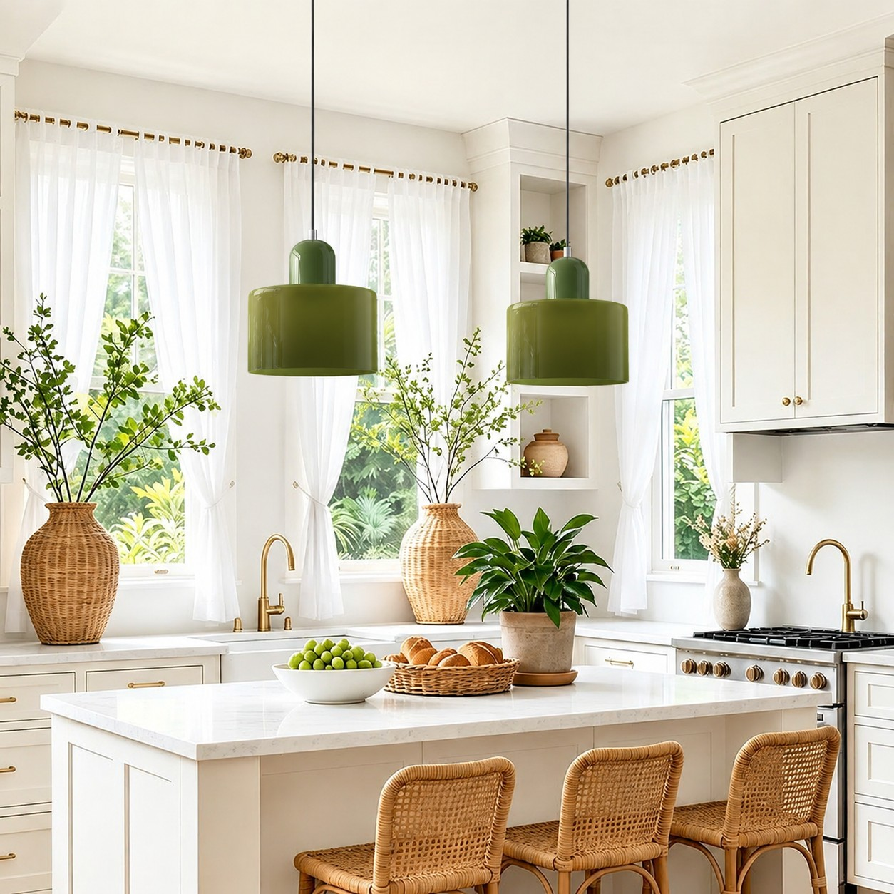 Green Bauhaus glass pendant lights above a bright kitchen island