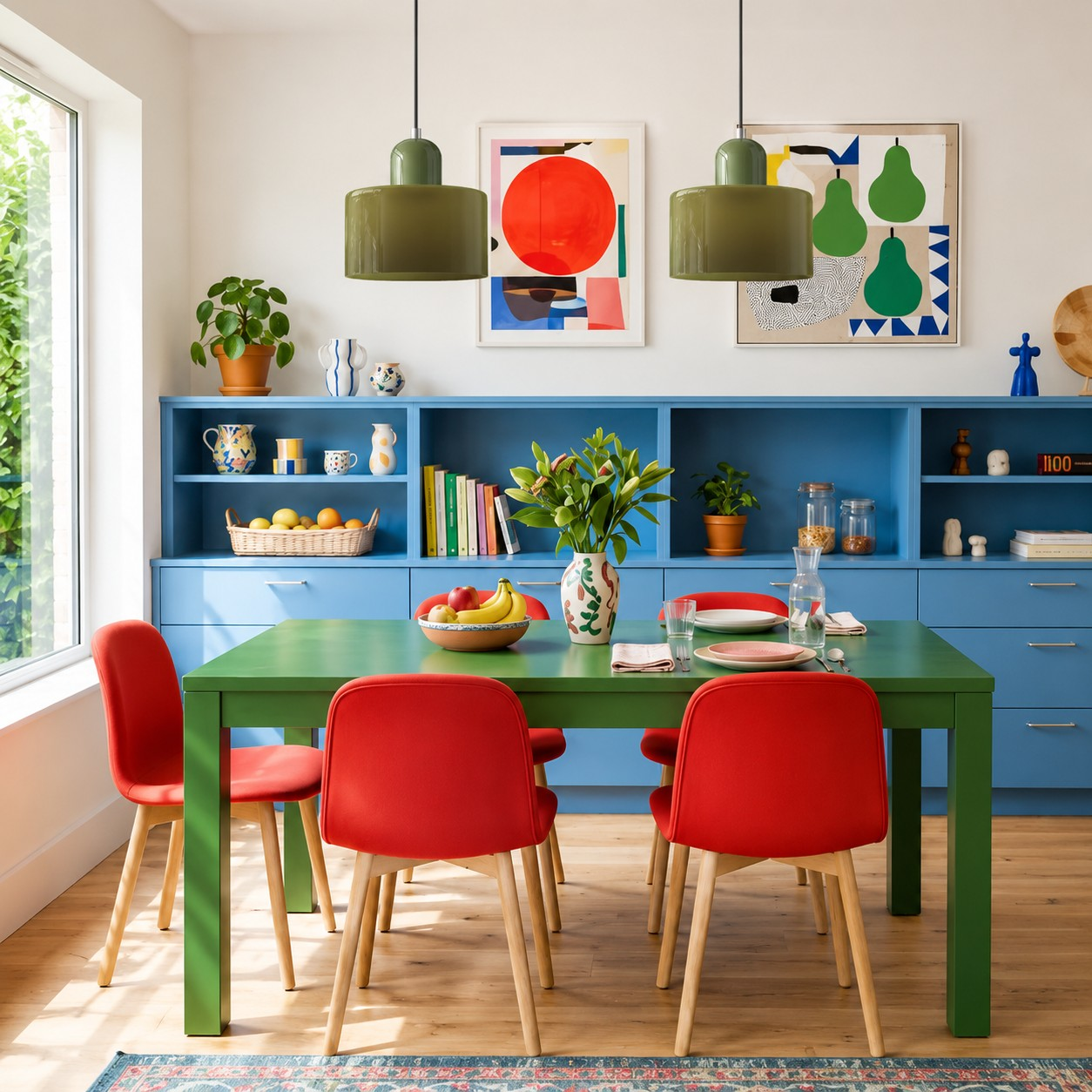 Green glass pendant lights above a colorful dining table