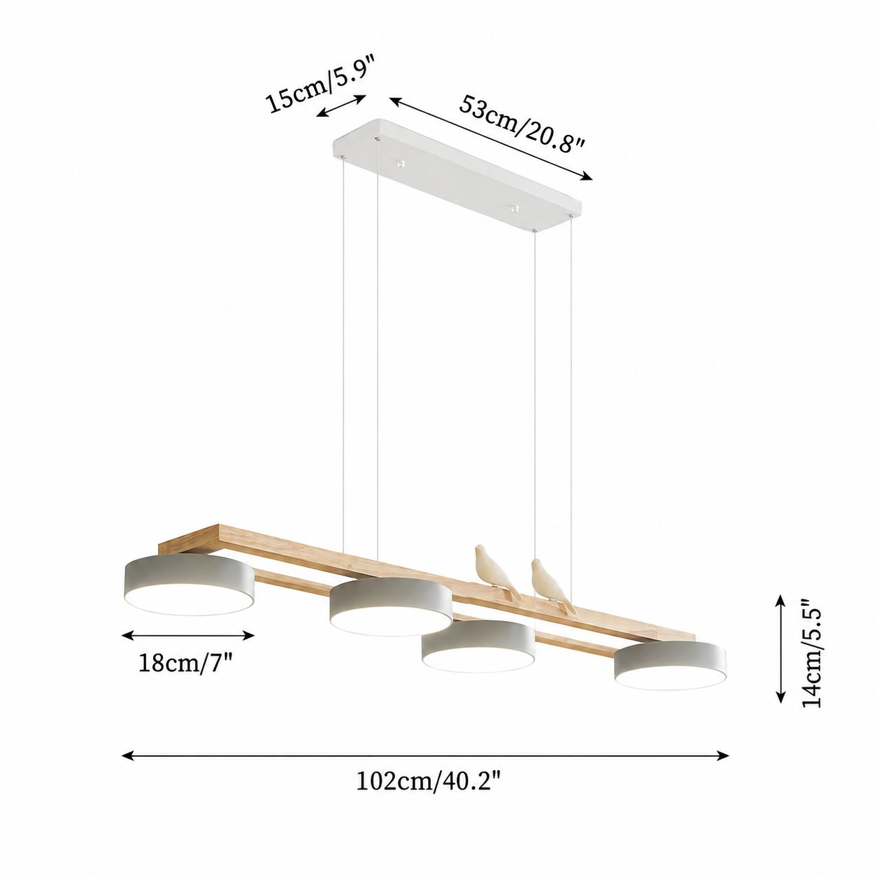 Bird-perched linear pendant dimensions, 102 cm long and 14 cm high