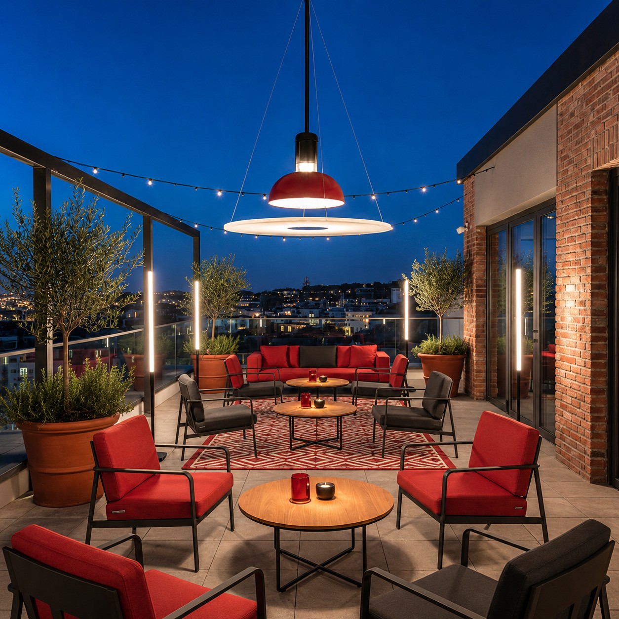 Rote Frisbi Pendelleuchte über einem Terrassenbereich