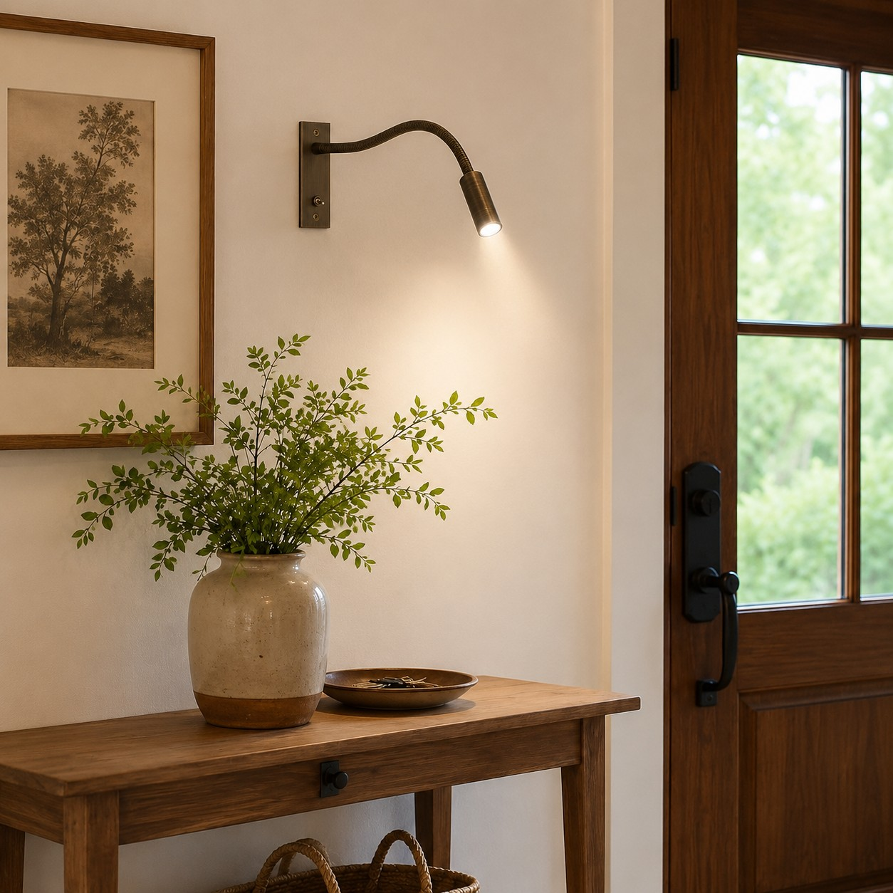 Flexible Schwanenhals-Wandleuchte in Sandnickel an einer hellen Wand