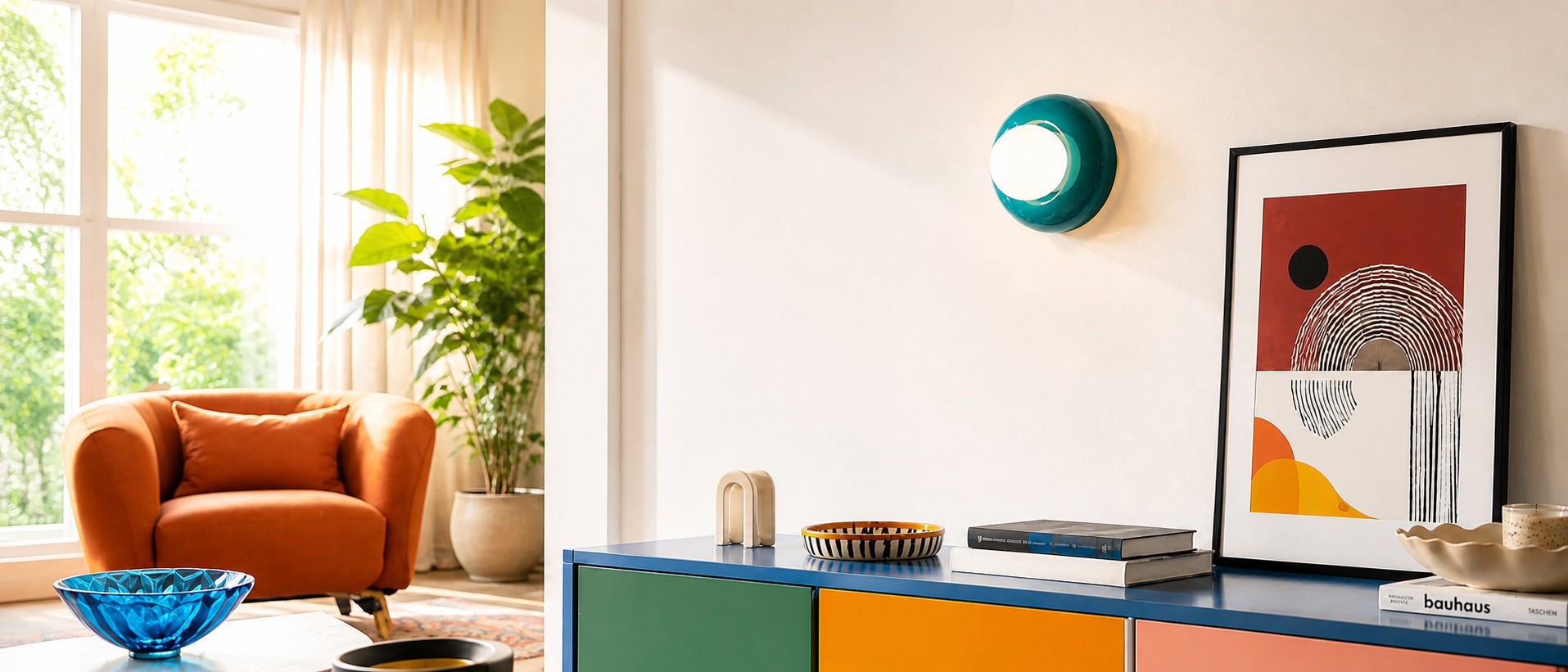 Petrol Green BUMBUM wall lamp in a colorful living room