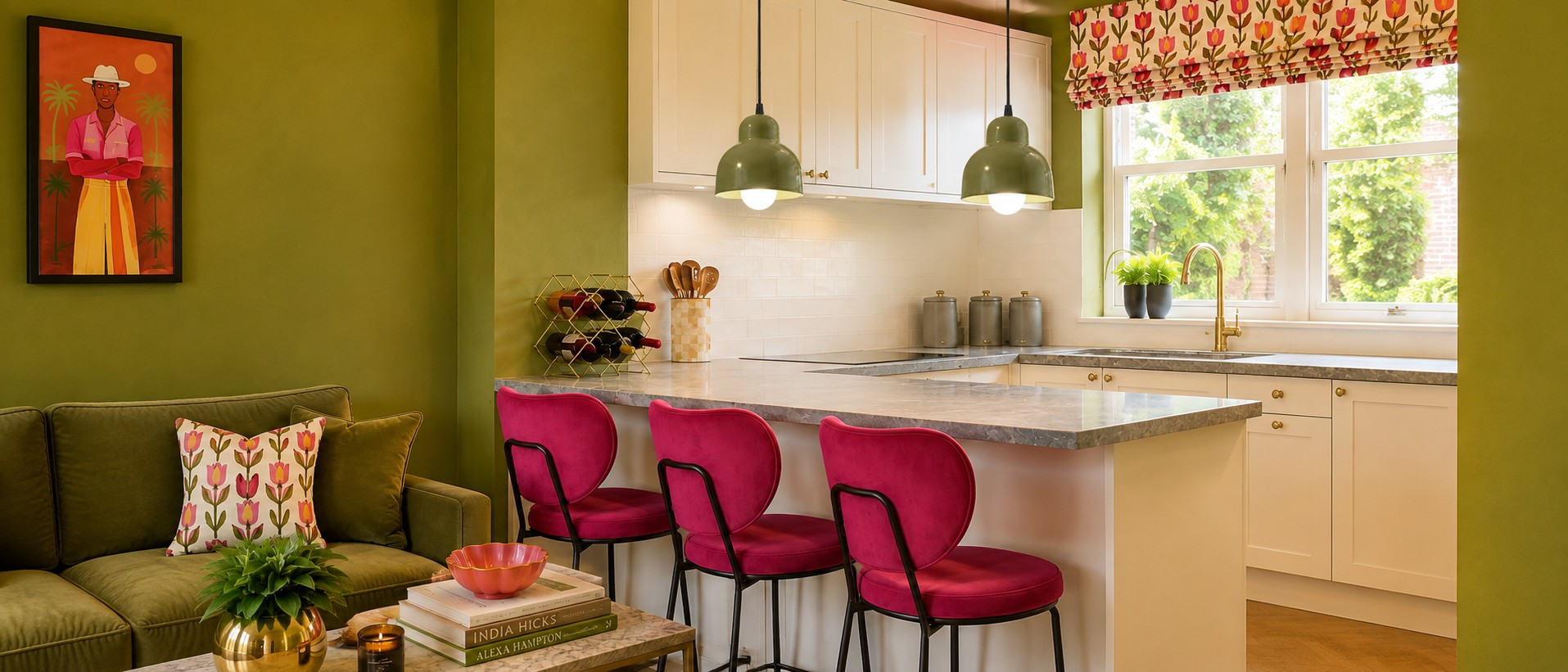 Olive green ceramic pendant lamps in a colorful kitchen