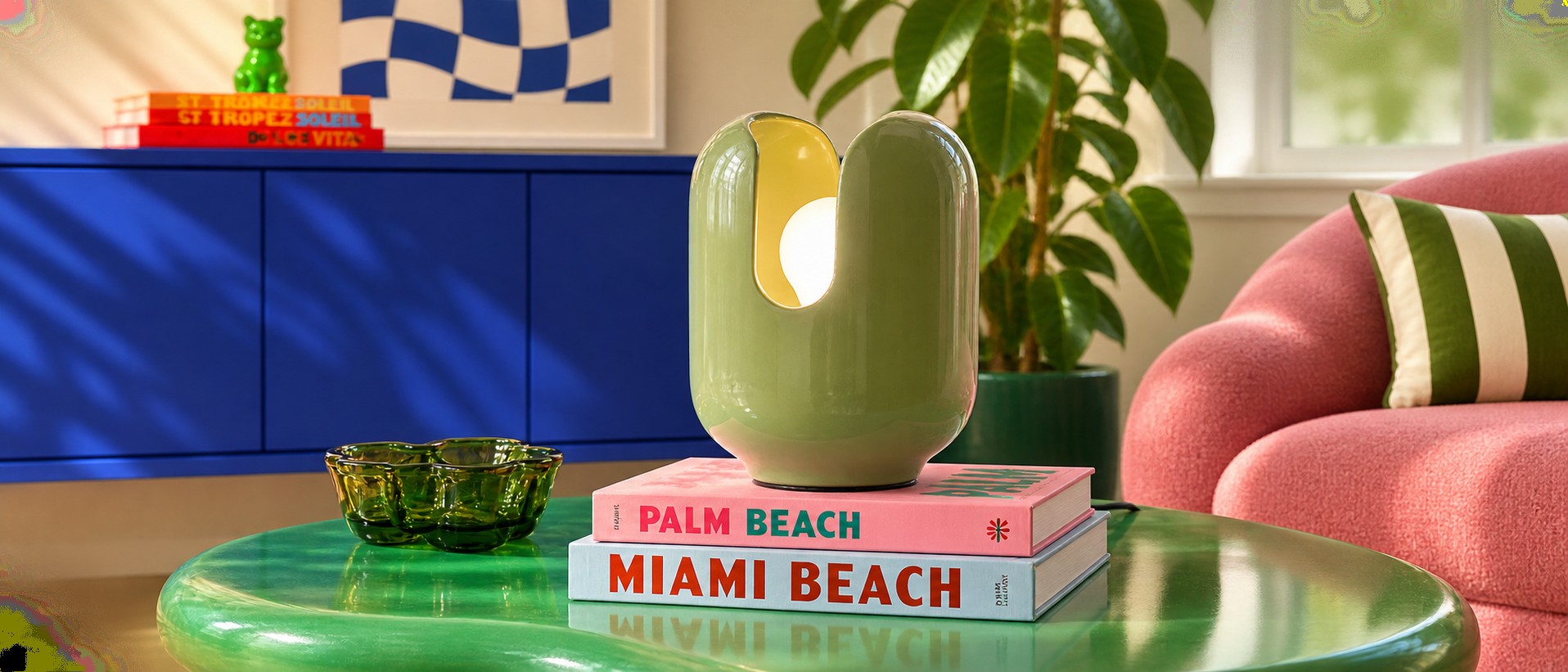 Mocha Brown BATUCADA table lamp on a red cabinet in a colorful room