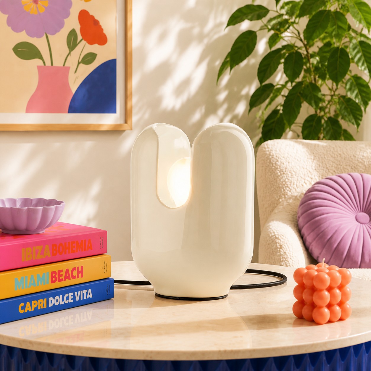 Cream BATUCADA table lamp on a dark wood console