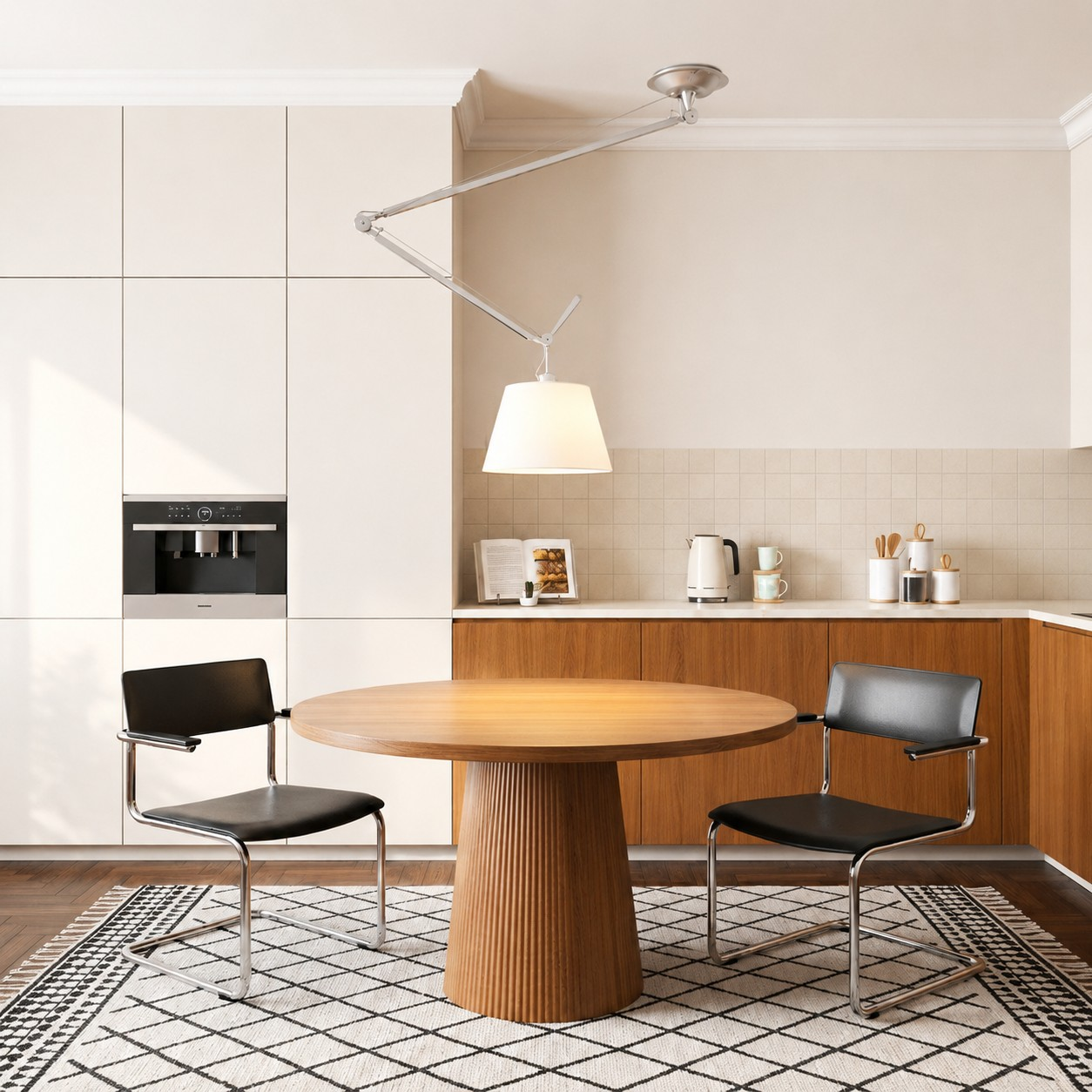 Tolomeo suspension lamp above a wood dining table