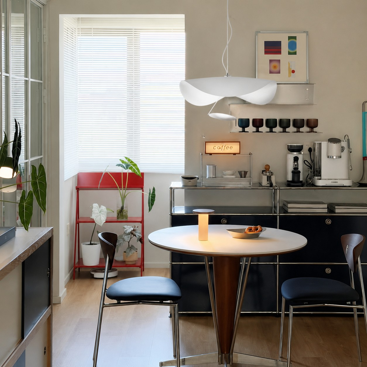 White sculptural pendant above a dining table in a bright kitchen