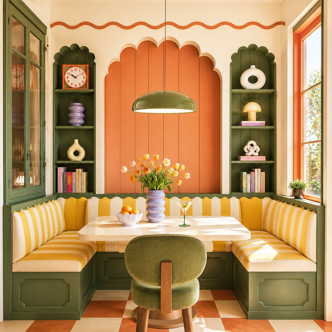 Green Pangen pendant lamp above a colorful dining nook