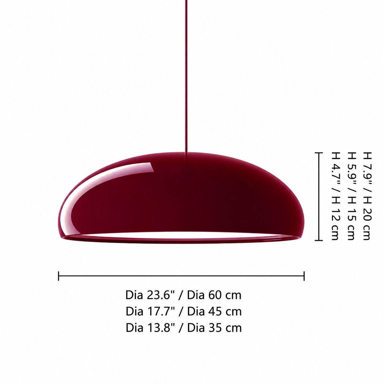 Dimensioni della lampada a sospensione Pangen in tre diametri e altezze