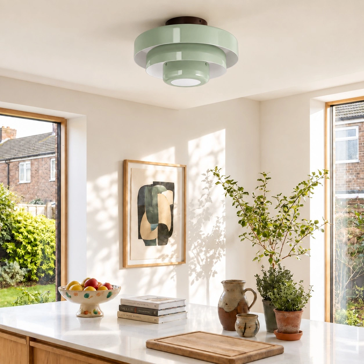 Veleora sage green ceiling lamp in a bright living room