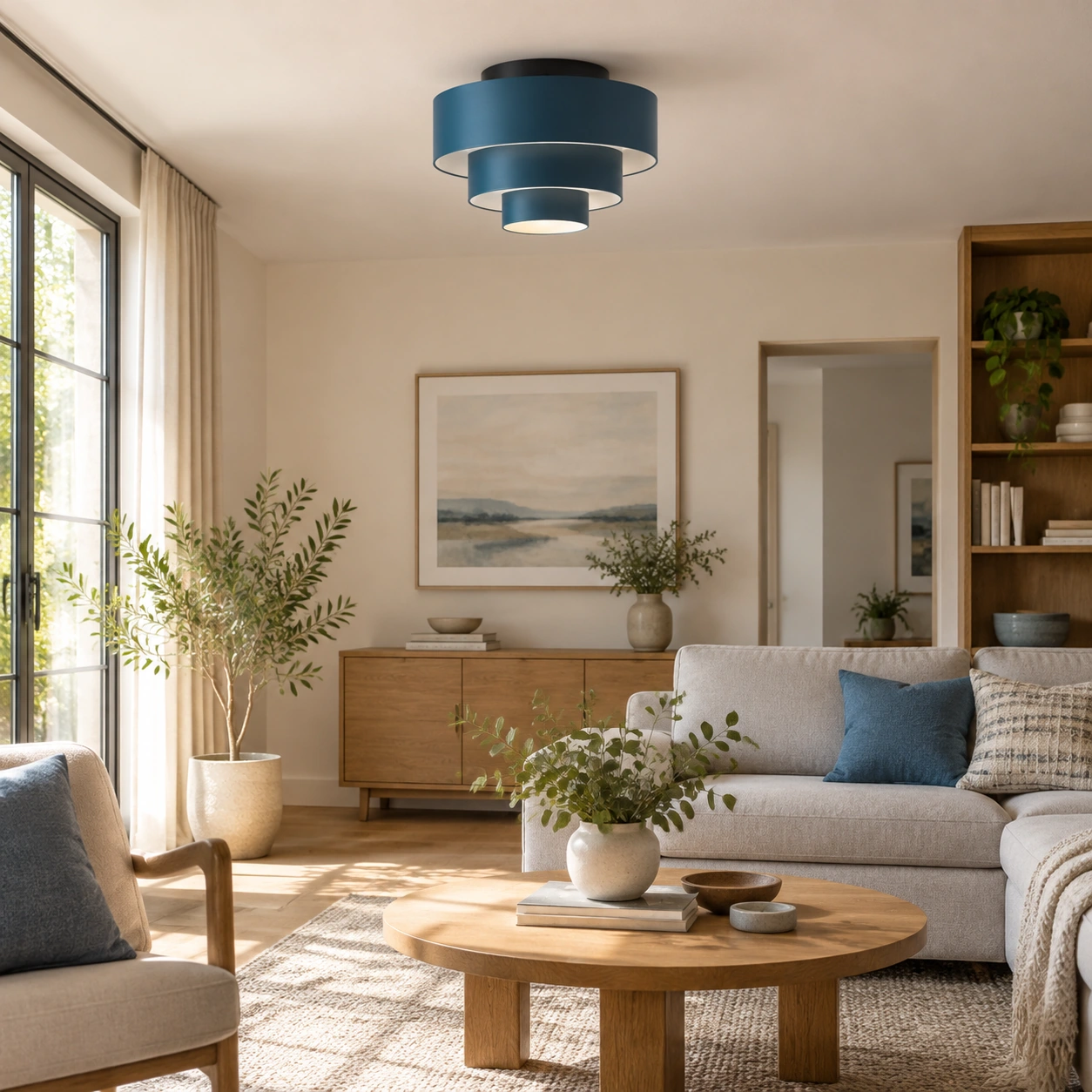 Veleora blue ceiling lamp in a living room — AI scene visualization