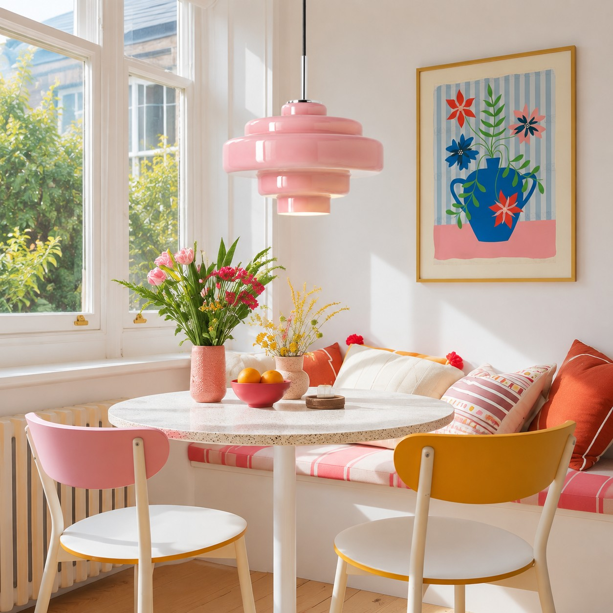 Pink Koloro pendant over a breakfast nook