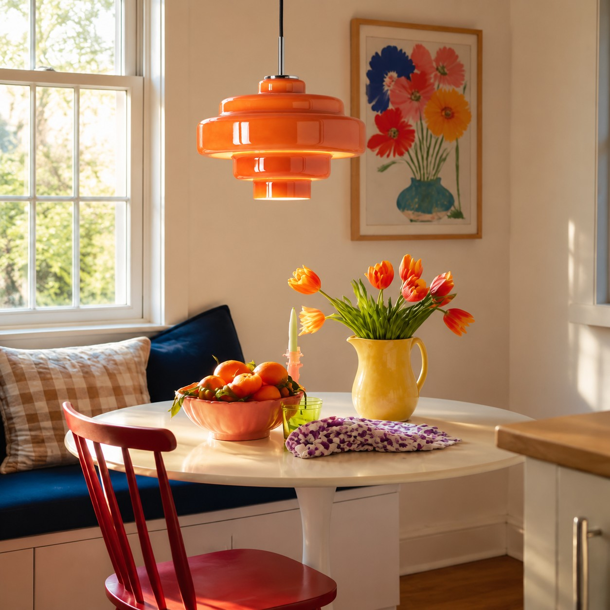 Orange Koloro pendant over a breakfast table