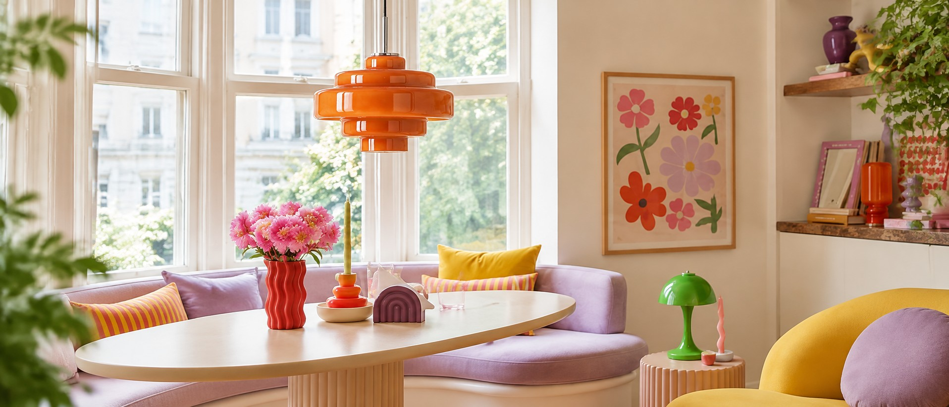 Orange Koloro pendant in a colourful living room
