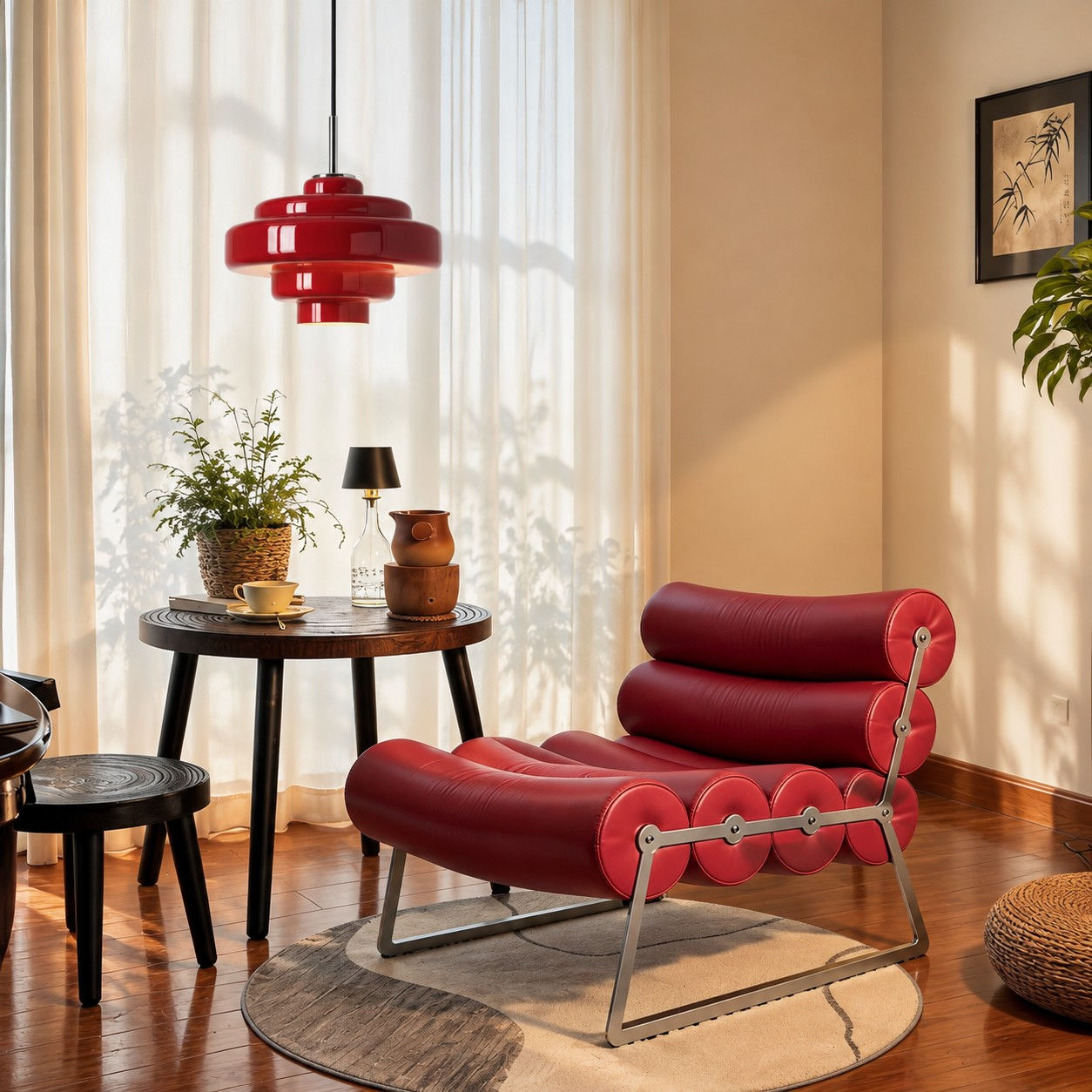 Red Koloro pendant over a lounge chair