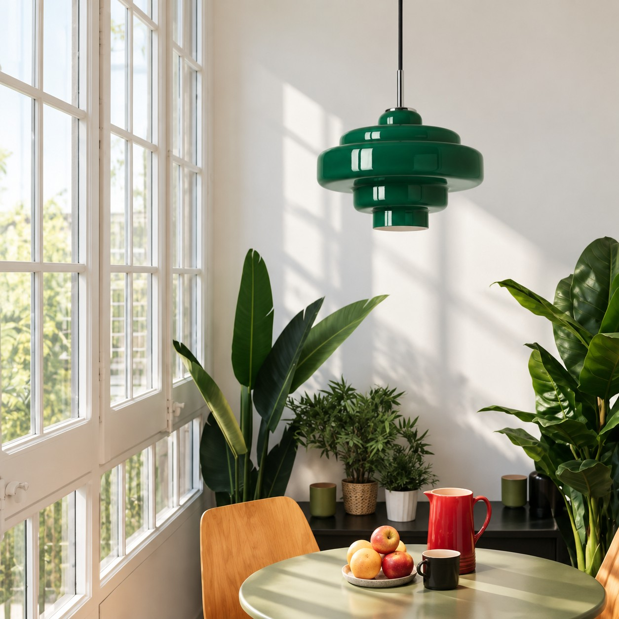 Green Koloro pendant in a plant-filled dining corner