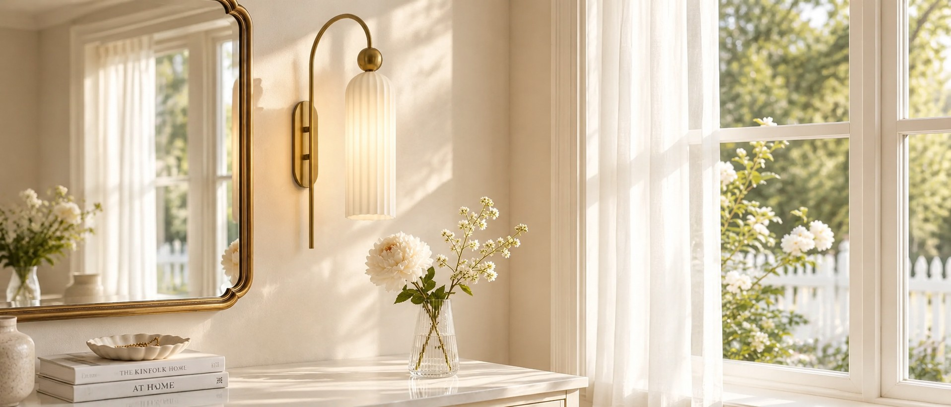 Arched cylinder wall sconce beside a dresser and window