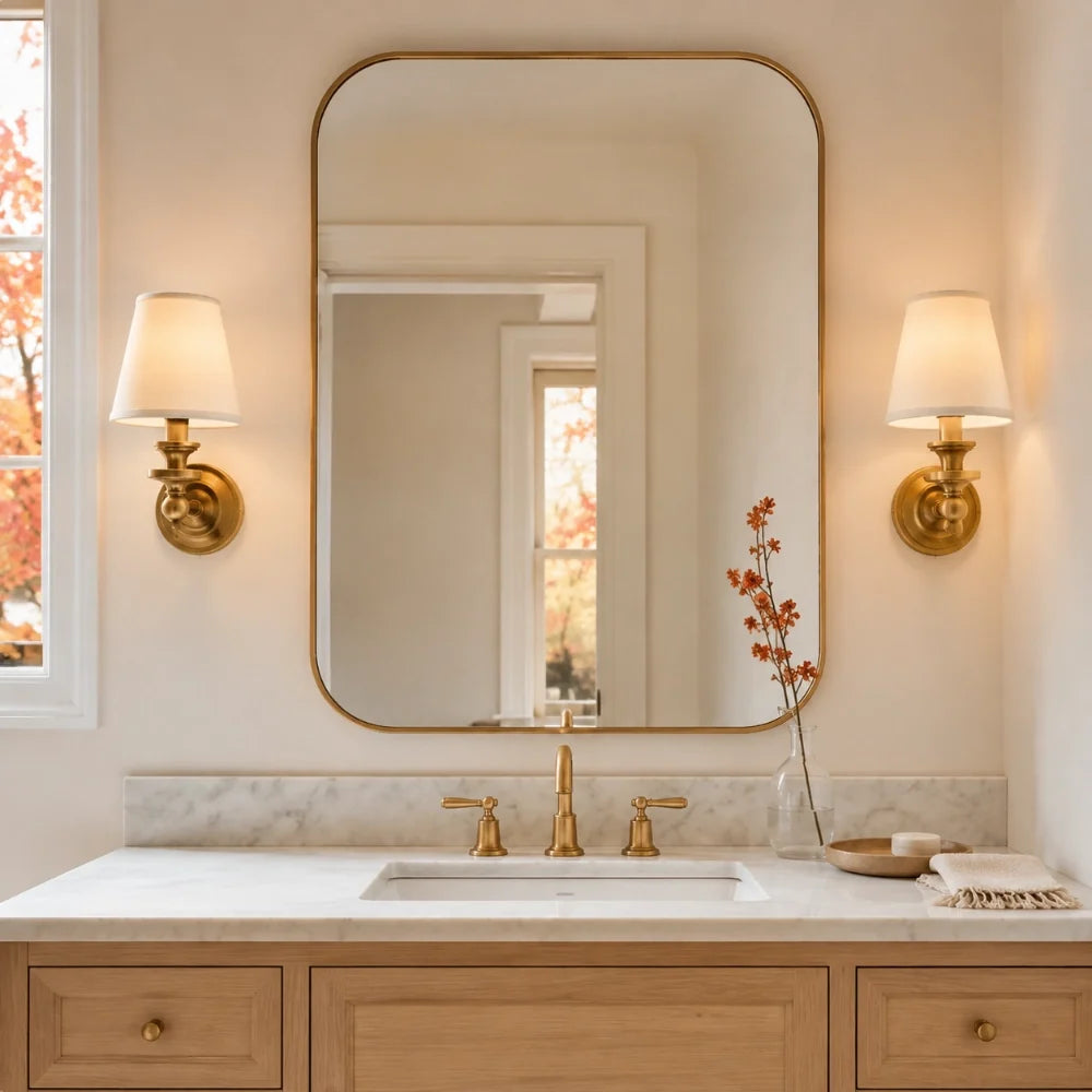 Pair of brass Kalvora wall sconces beside a gold bathroom mirror