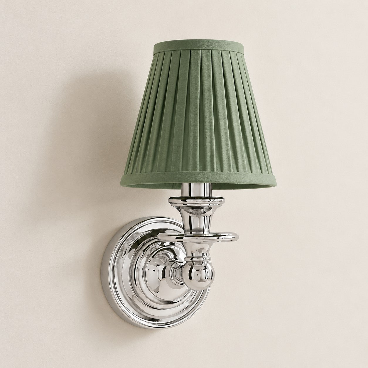 Sage Green Pleated Kalvora fabric shade wall sconce in Chrome