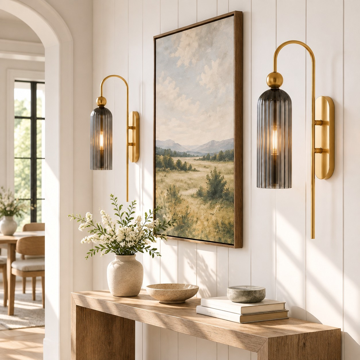 Gray glass cylinder sconces flanking a hallway painting