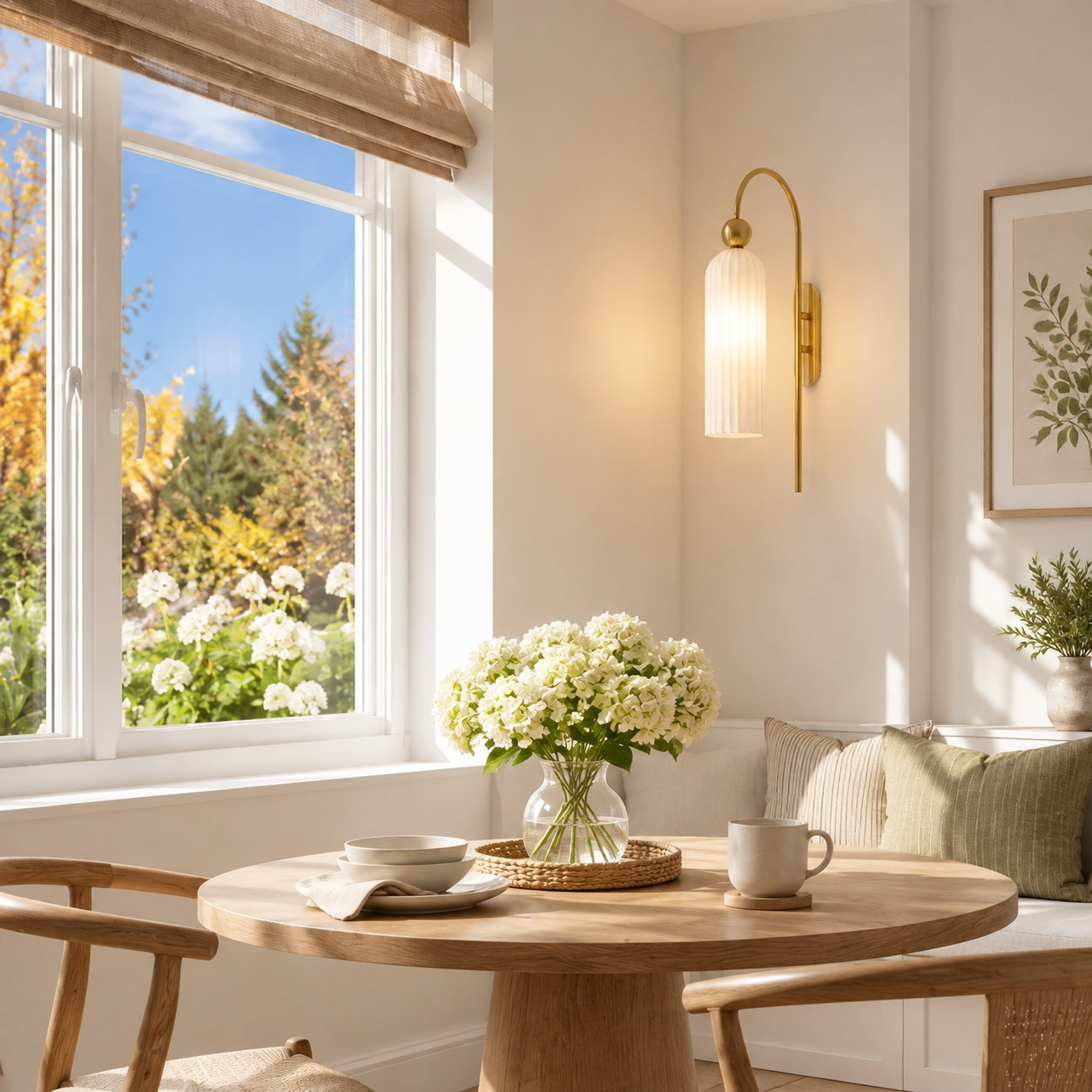 Milk glass cylinder sconce in a breakfast nook