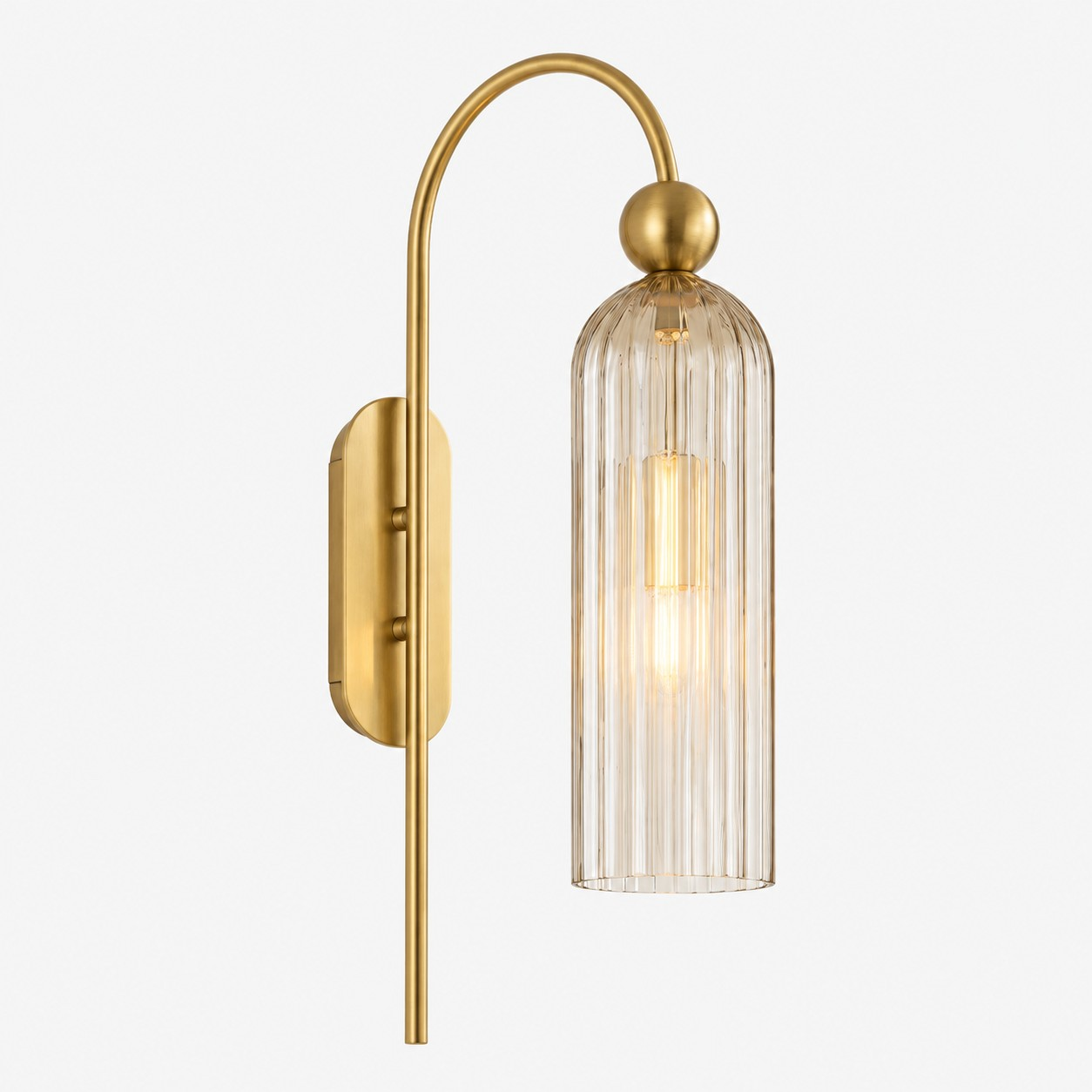 Gold arched cylinder wall sconce with clear ribbed glass